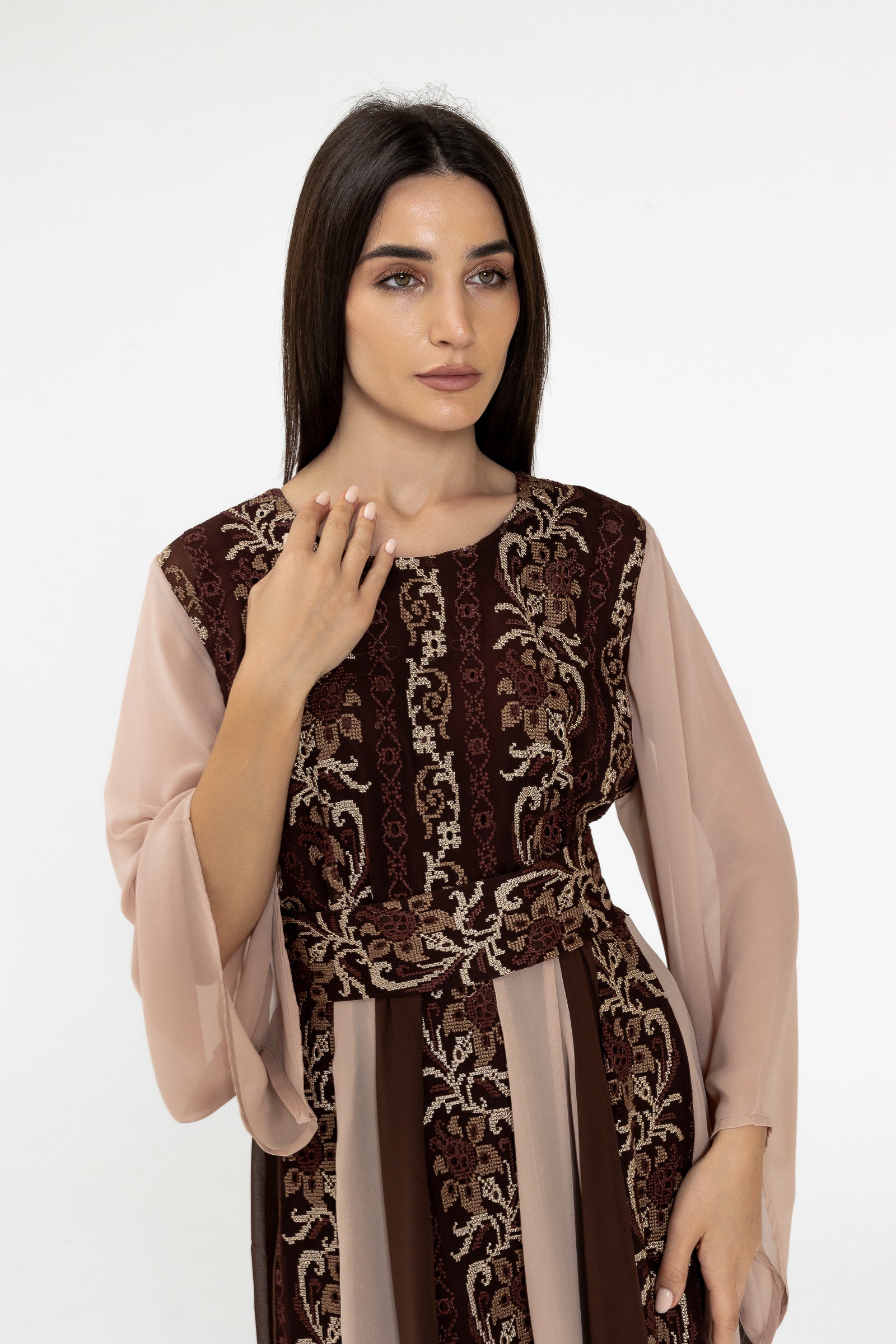 Brown Embroidered Dress with Sheer Sleeves