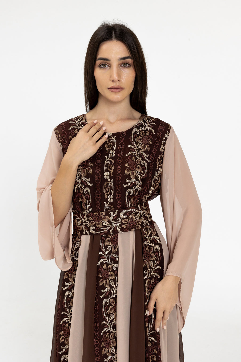Brown Embroidered Dress with Sheer Sleeves