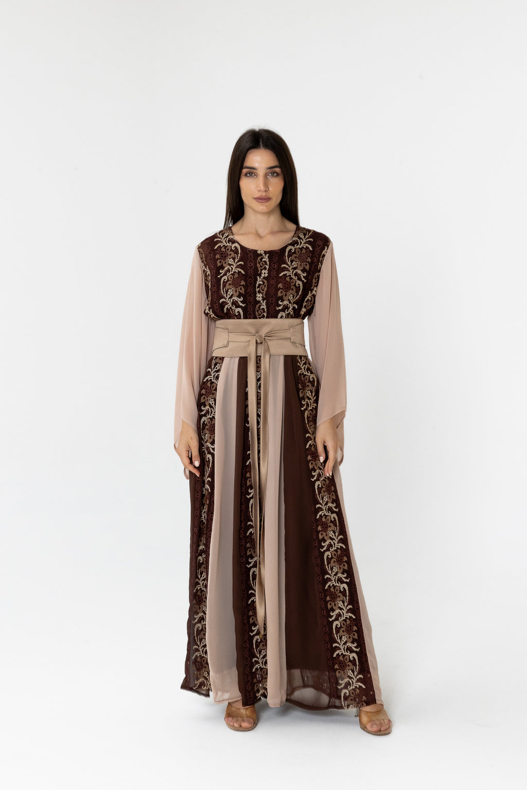 Brown Embroidered Dress with Sheer Sleeves