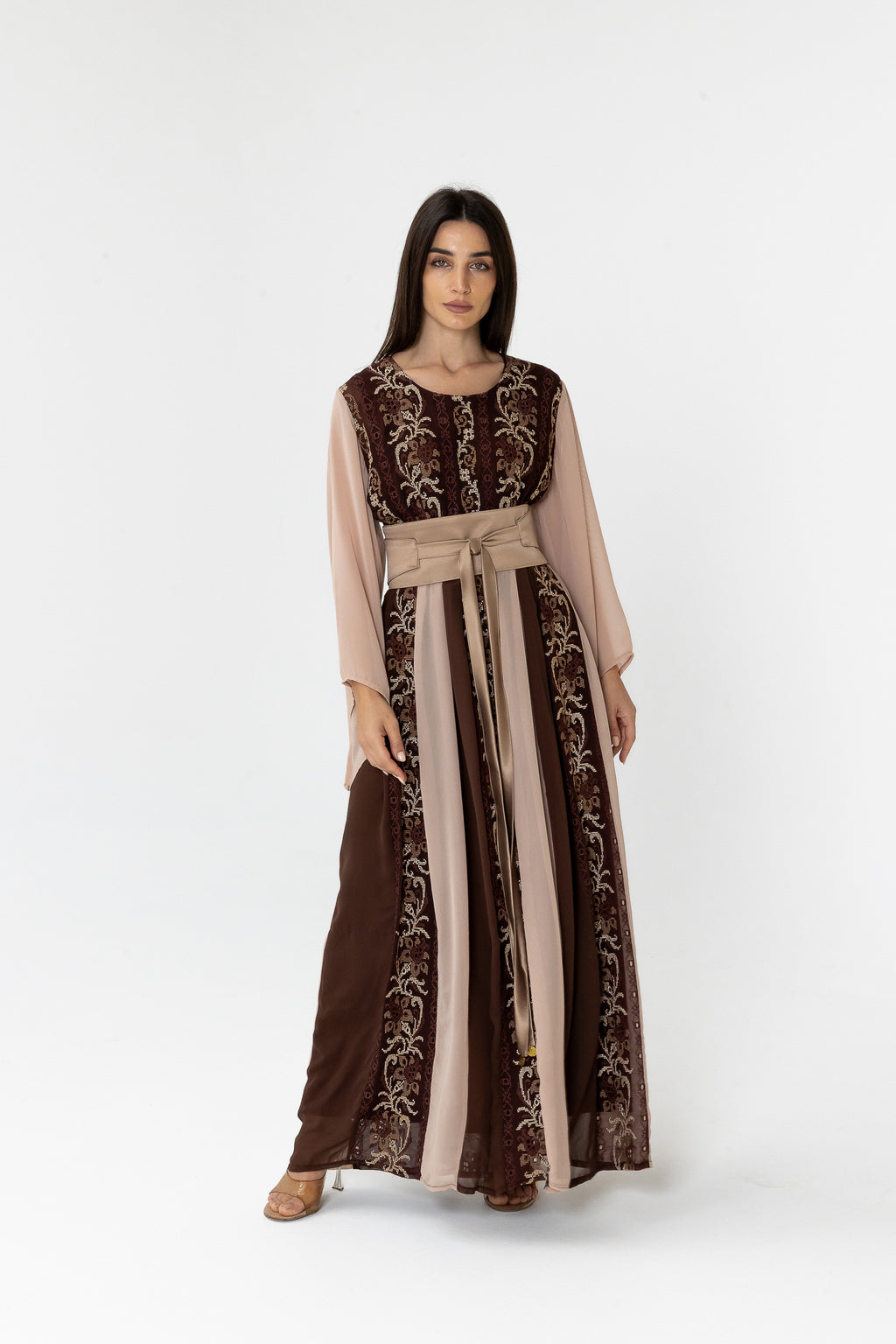 Brown Embroidered Dress with Sheer Sleeves