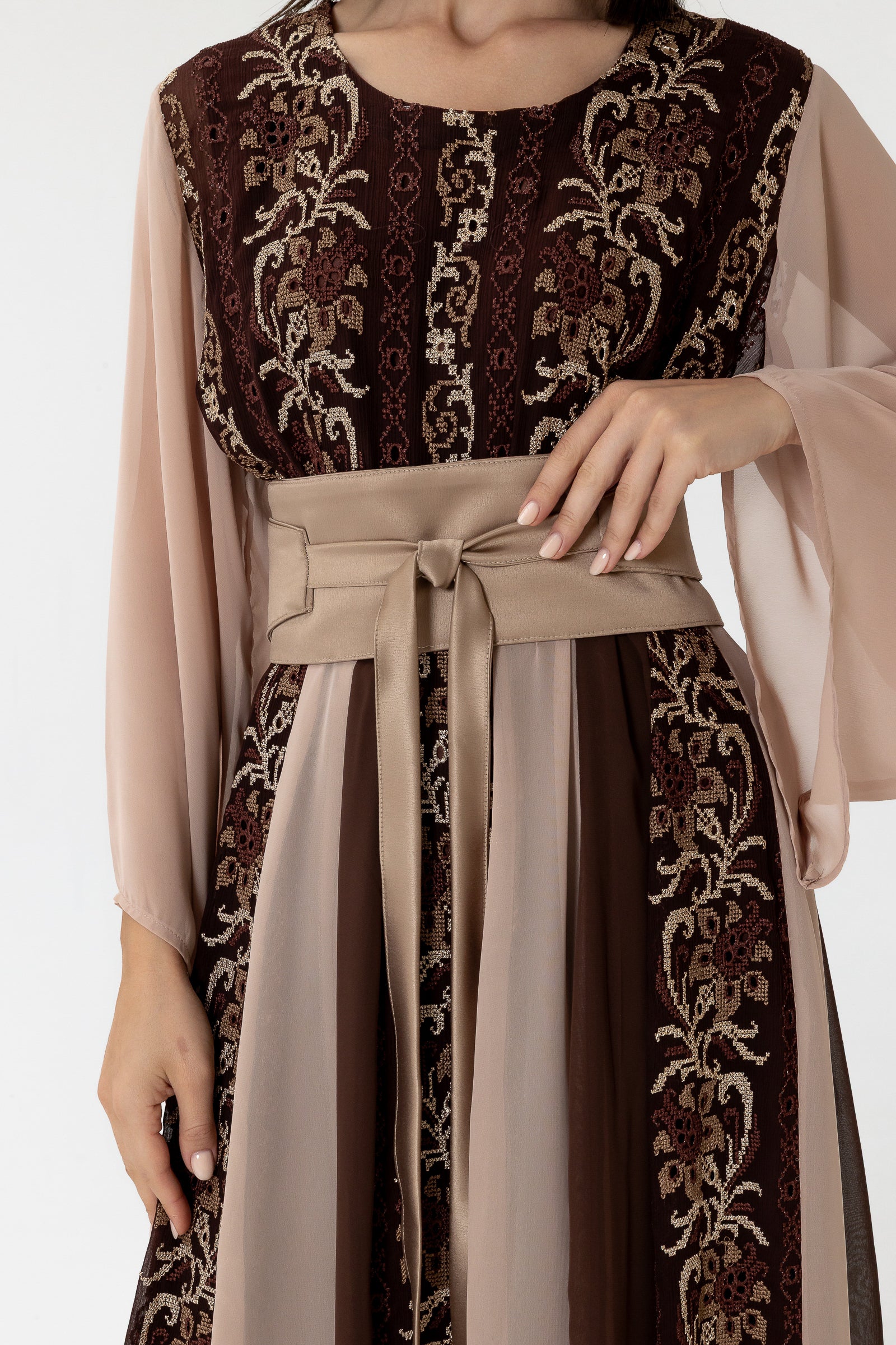 Brown Embroidered Dress with Sheer Sleeves