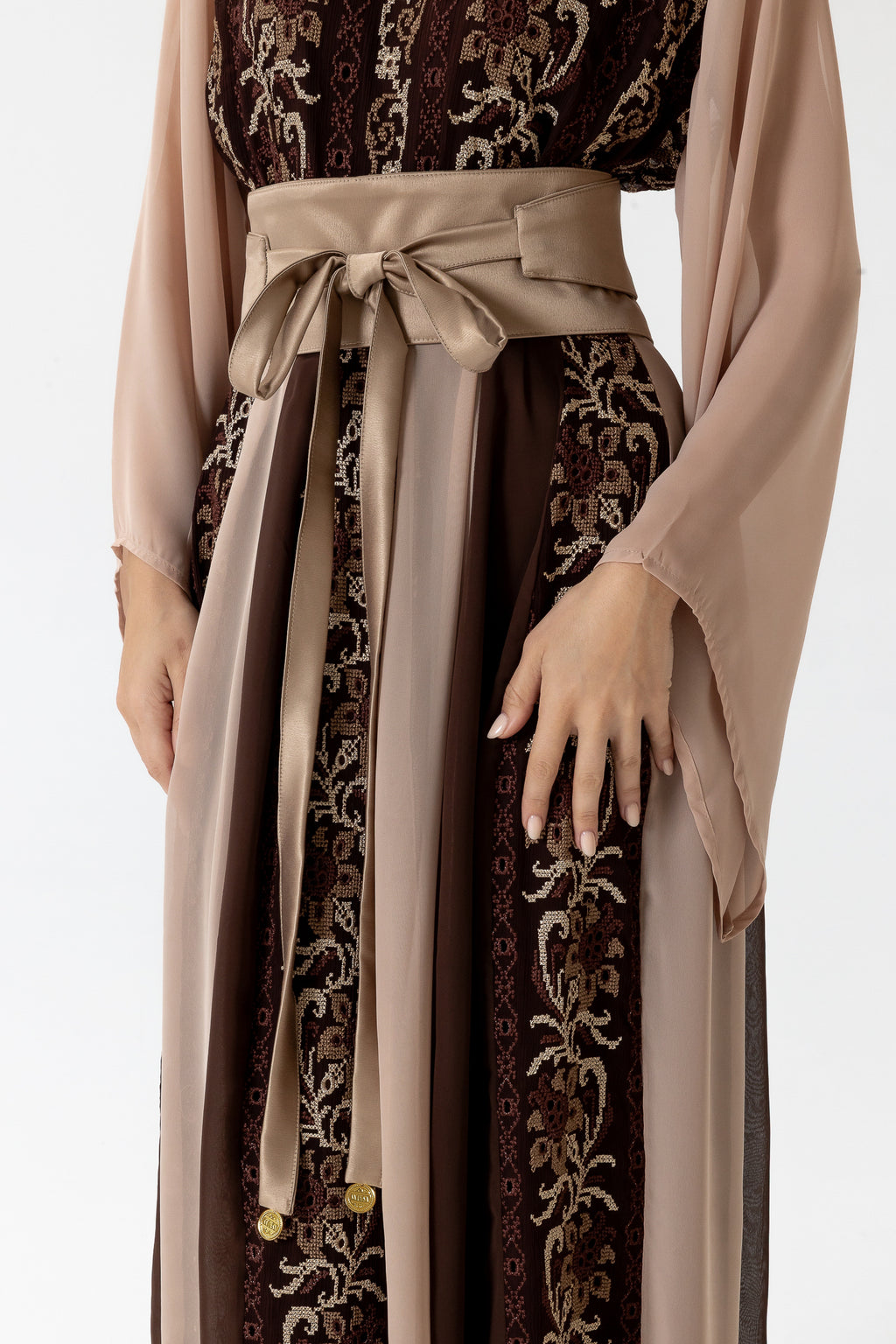 Brown Embroidered Dress with Sheer Sleeves