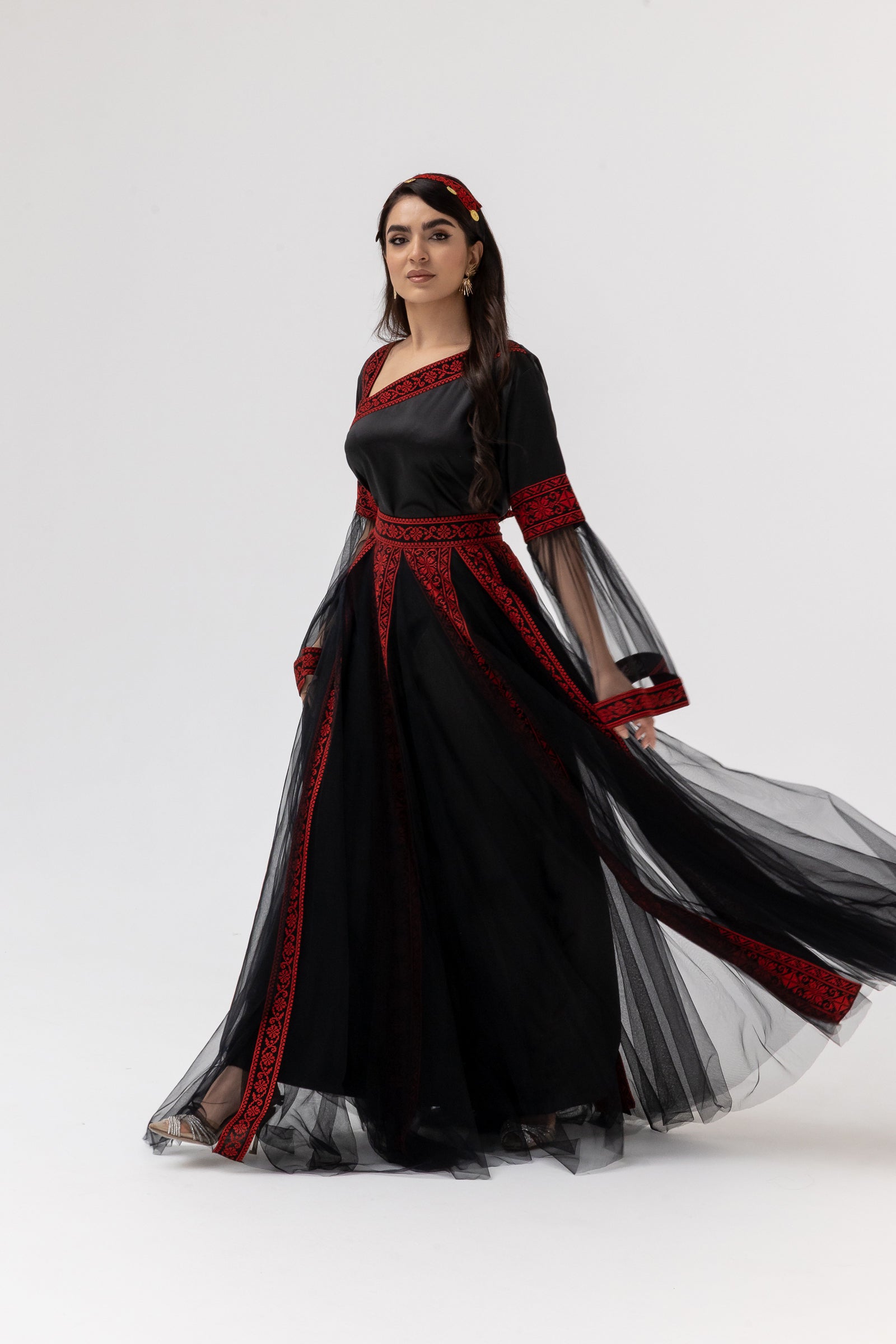 Black Embroidered Dress with Detachable Skirt