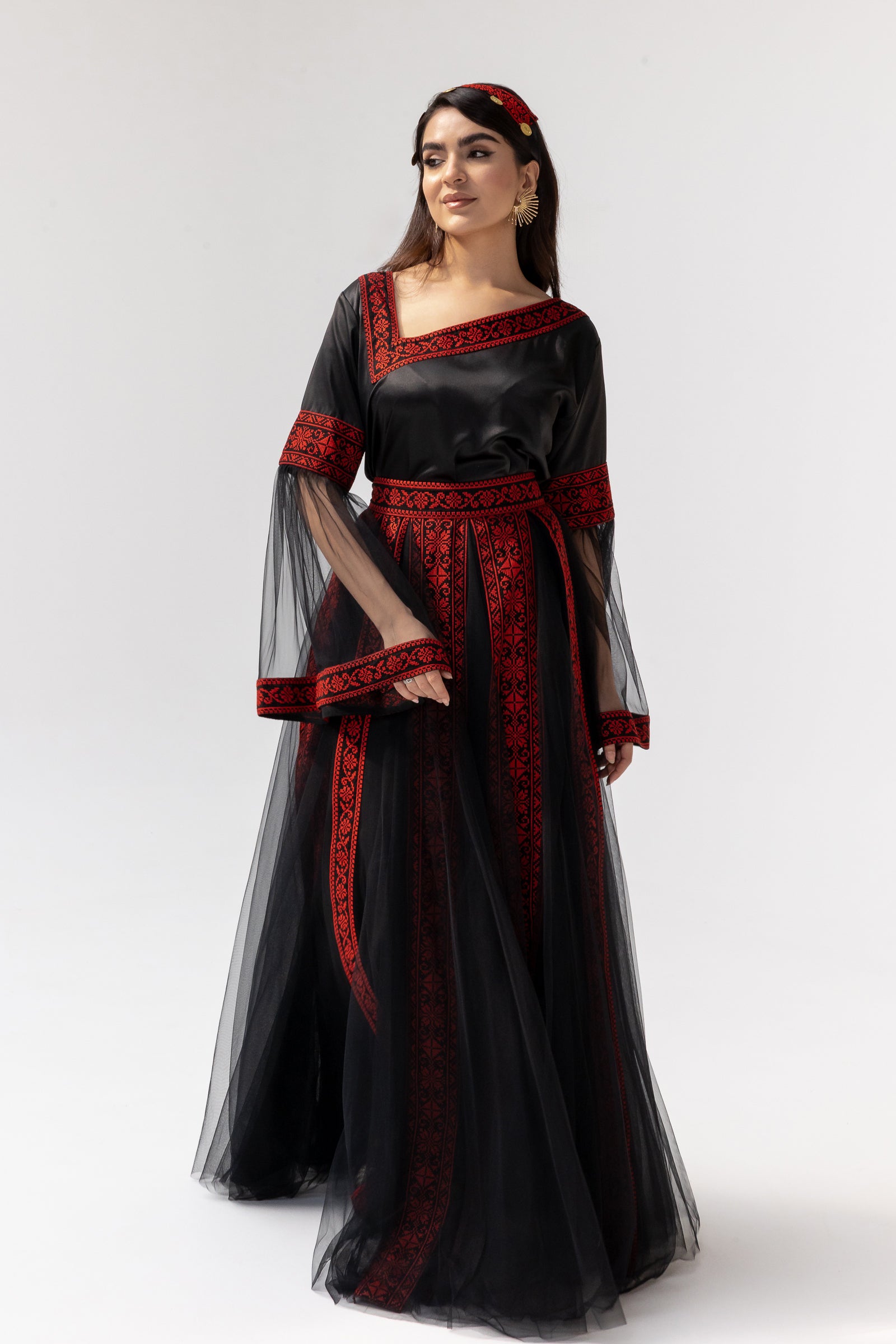 Black Embroidered Dress with Detachable Skirt