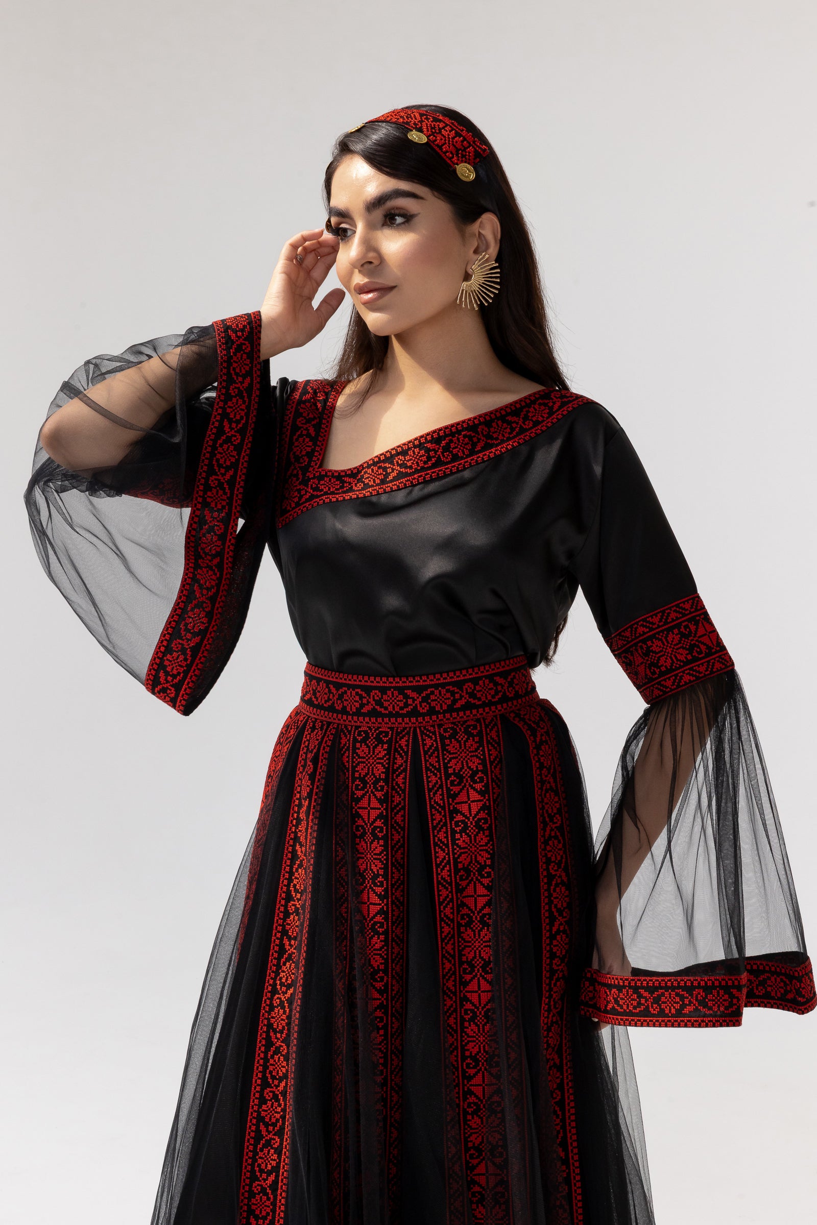 Black Embroidered Dress with Detachable Skirt