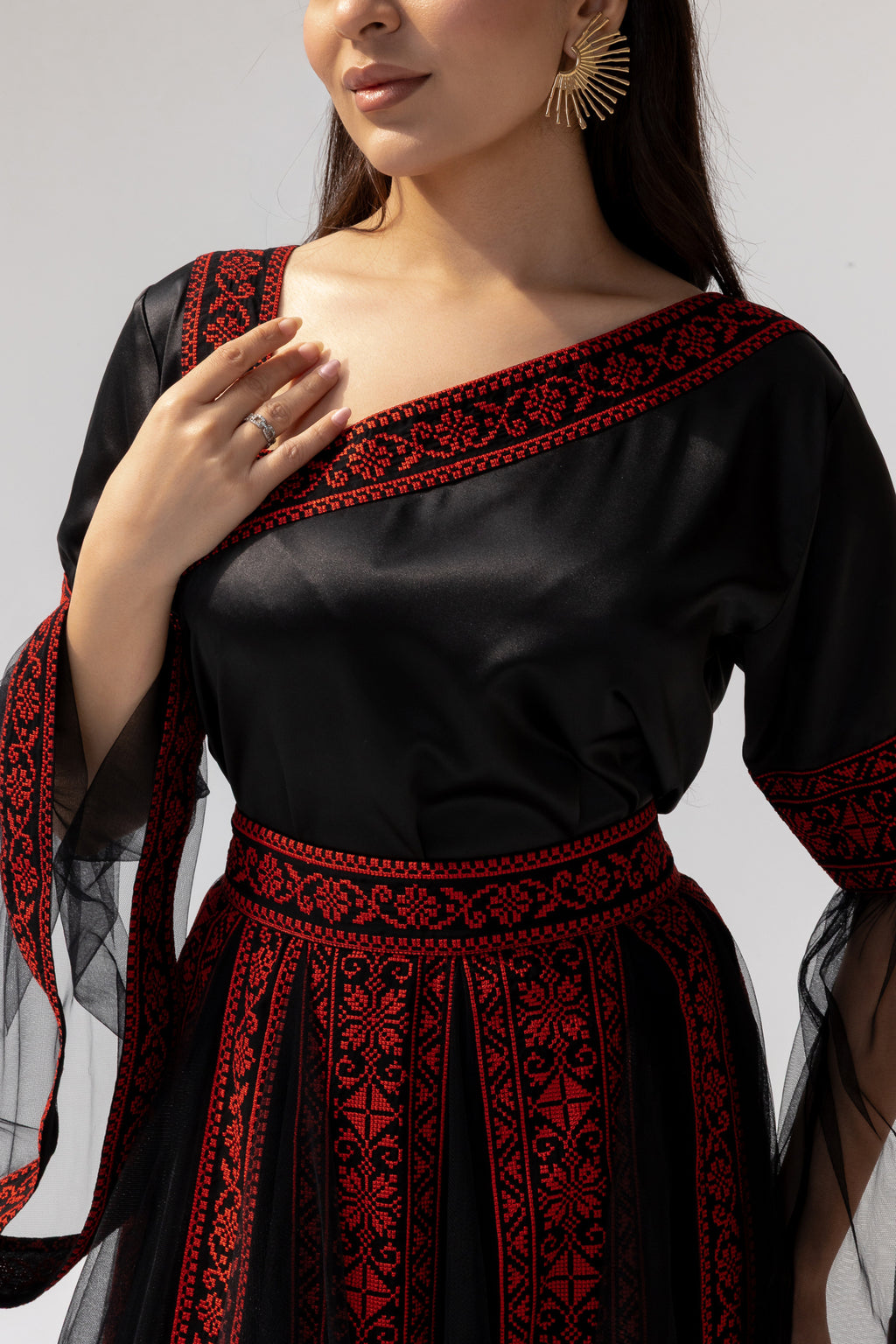 Black Embroidered Dress with Detachable Skirt