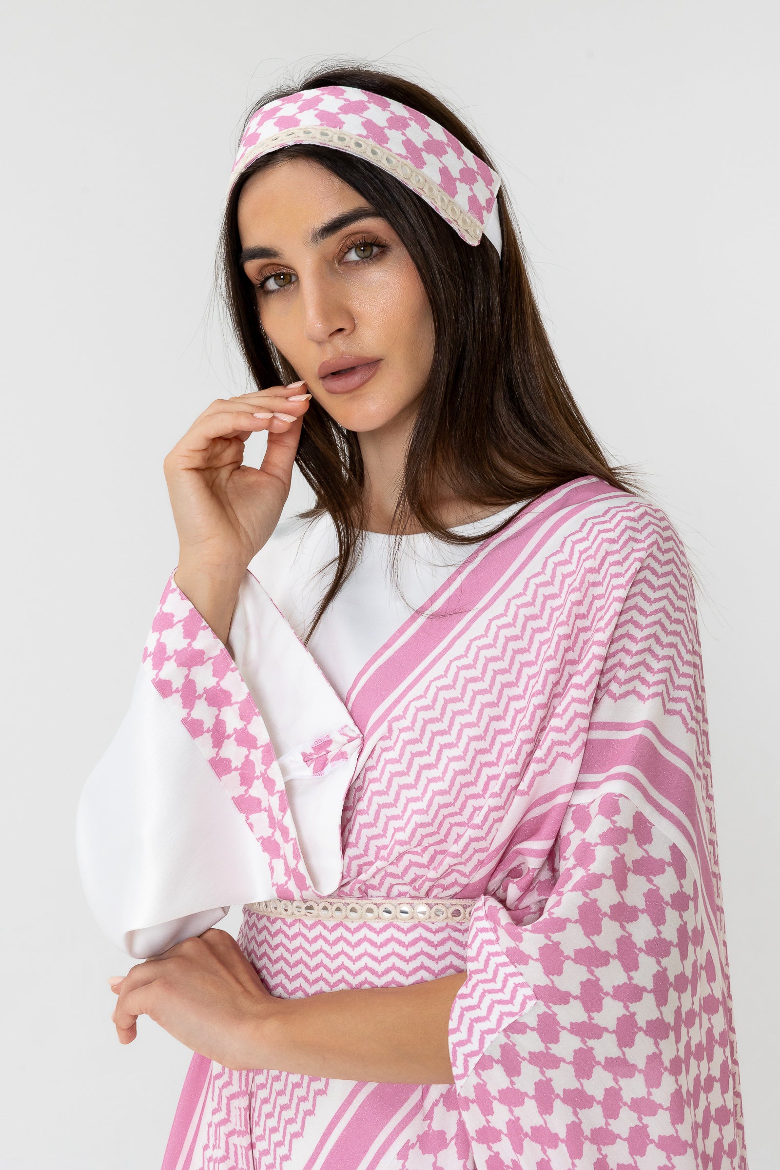 pink keffiyeh dress KEFFIYEH DOLLS DRESS / Pink with Poppy red ., ., the return of the original keffiyeh dolls dress in a new summer colourway., lightweight cotton with signature keffiyeh-inspired detailing and an