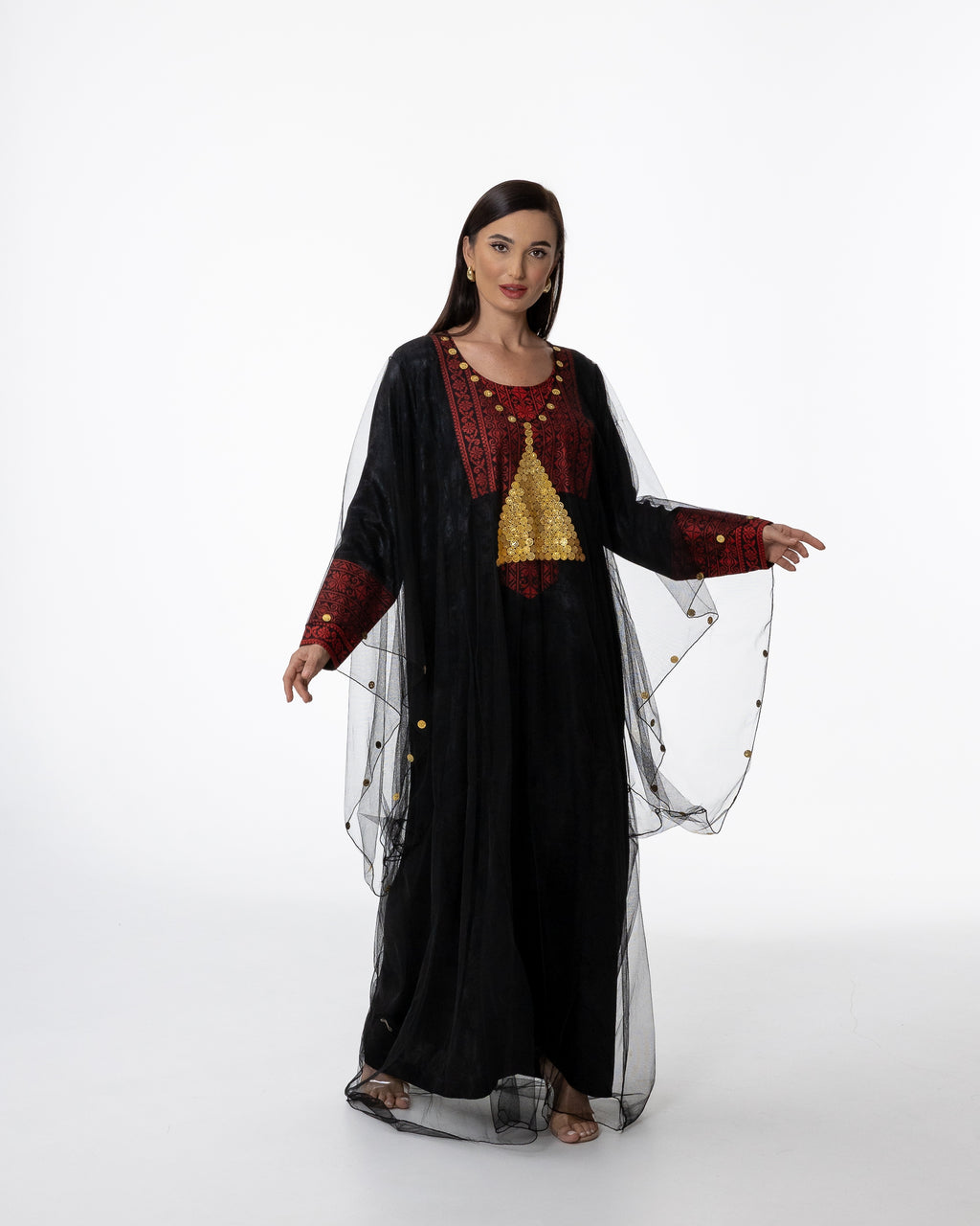 Black Kaftan with Sheer Overlay and Coins Details