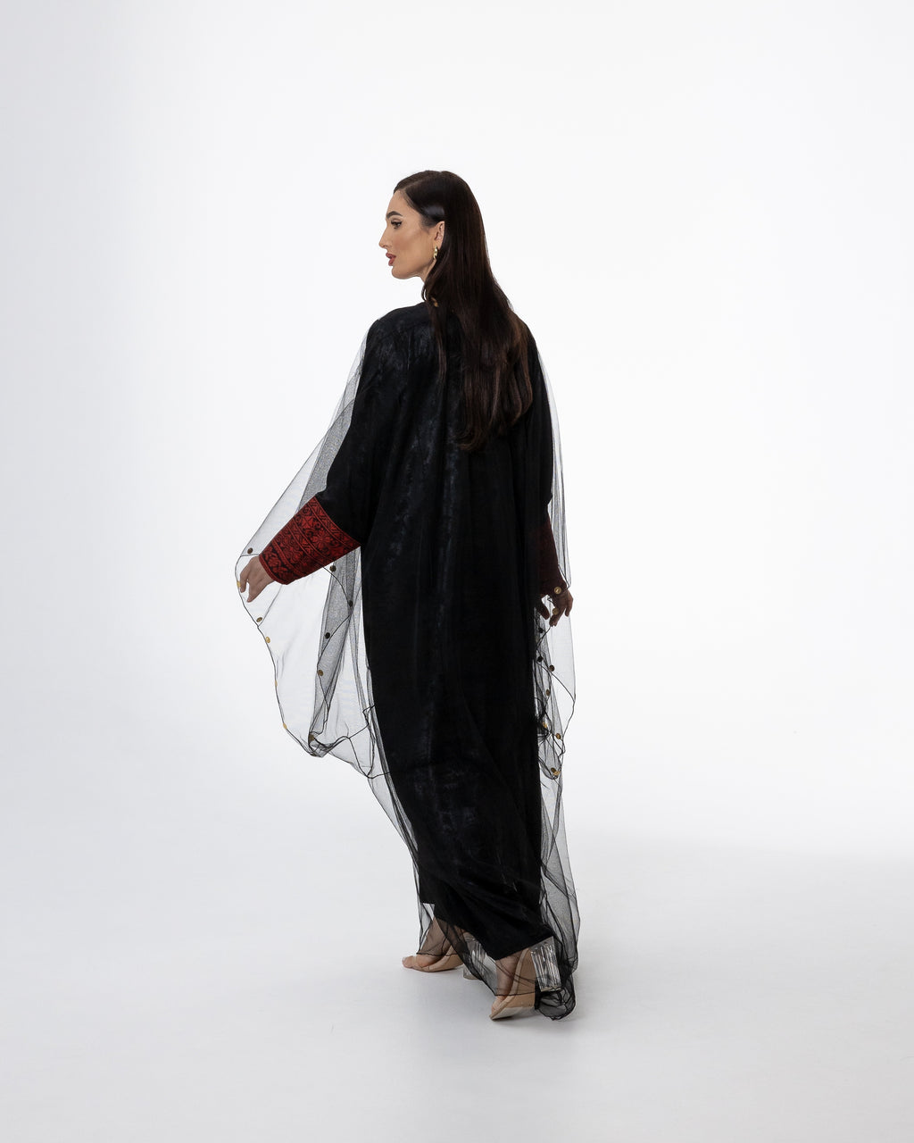 Black Kaftan with Sheer Overlay and Coins Details