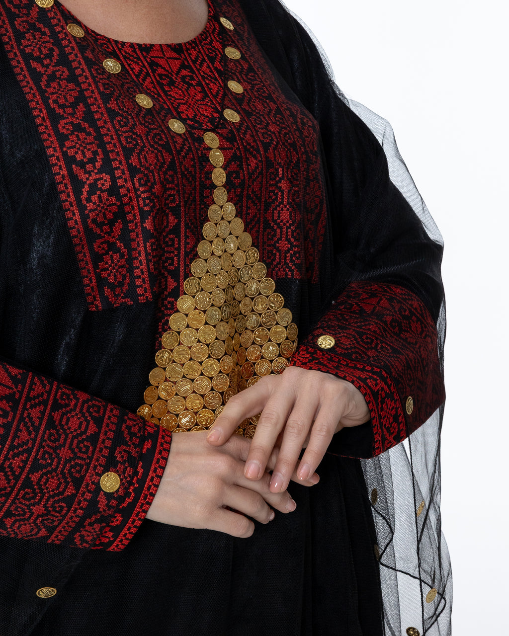 Black Kaftan with Sheer Overlay and Coins Details