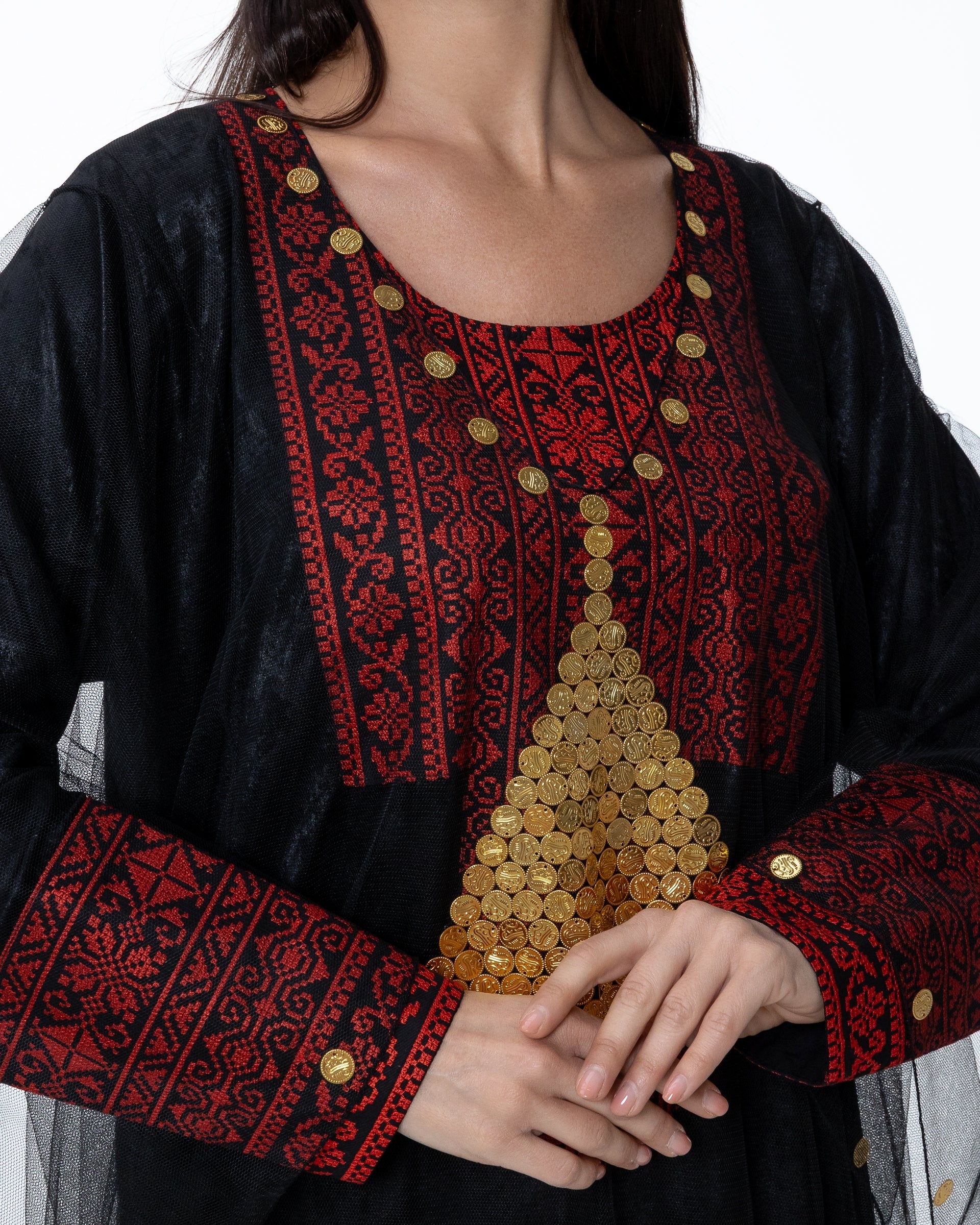 Black Kaftan with Sheer Overlay and Coins Details