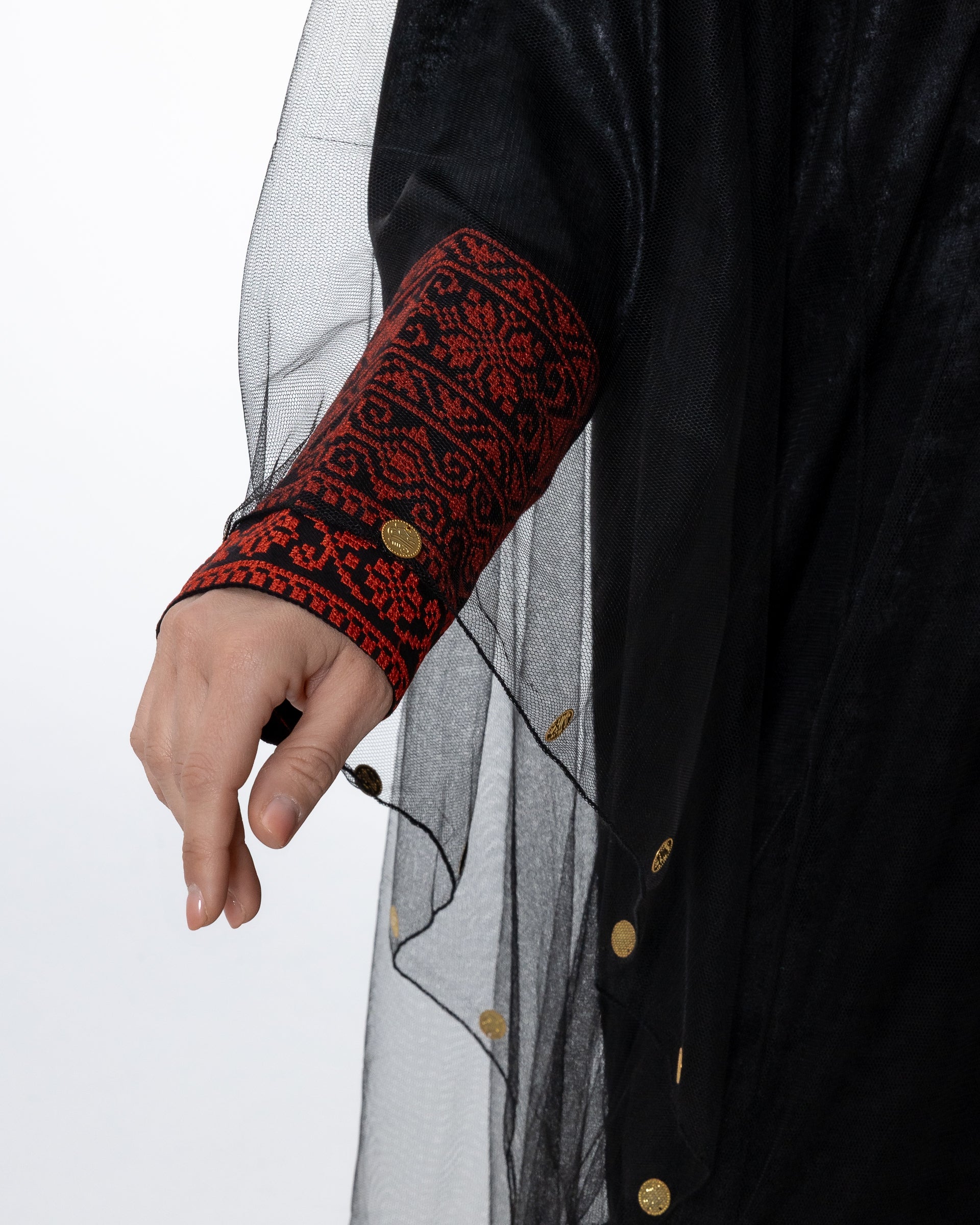 Black Kaftan with Sheer Overlay and Coins Details