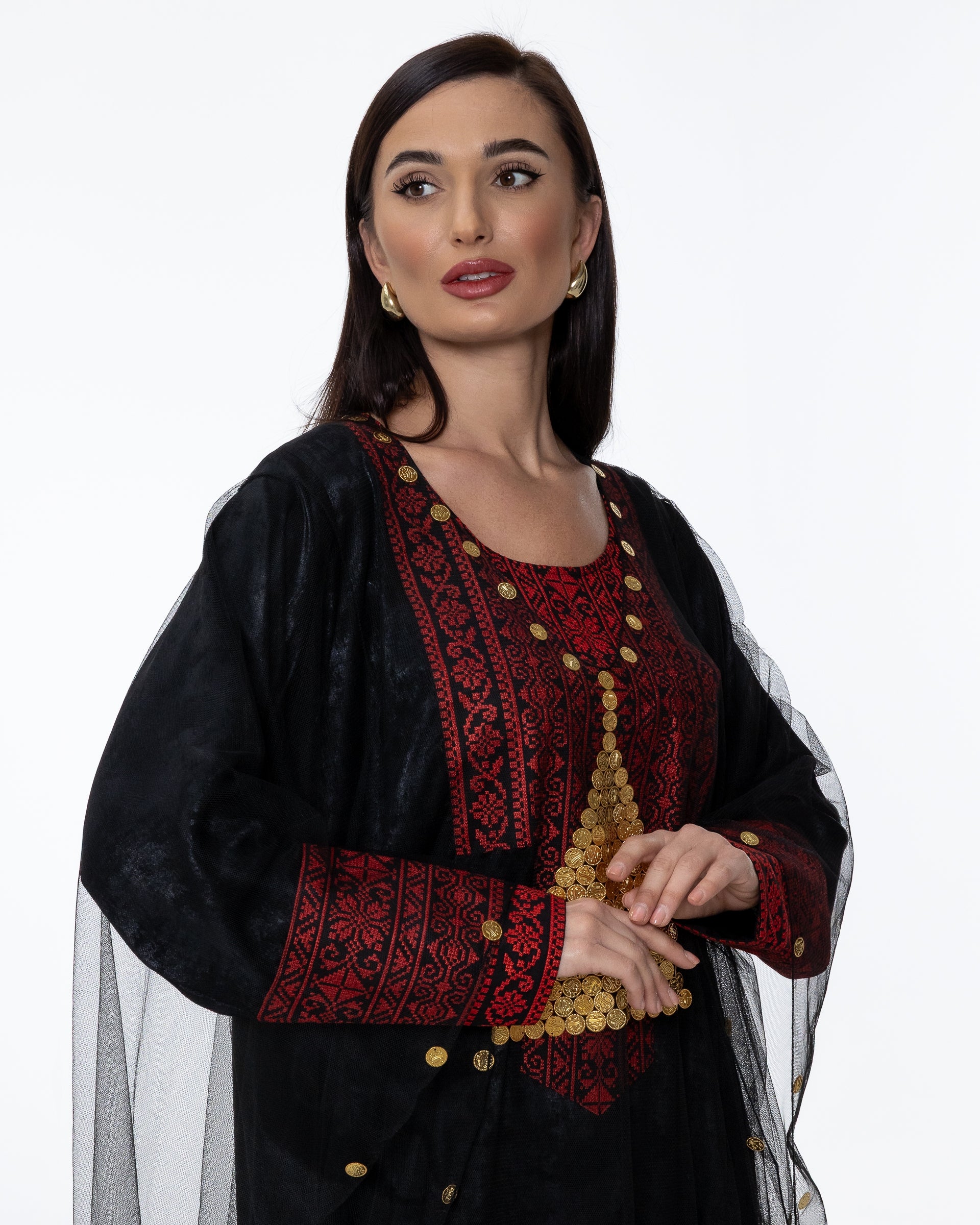 Black Kaftan with Sheer Overlay and Coins Details