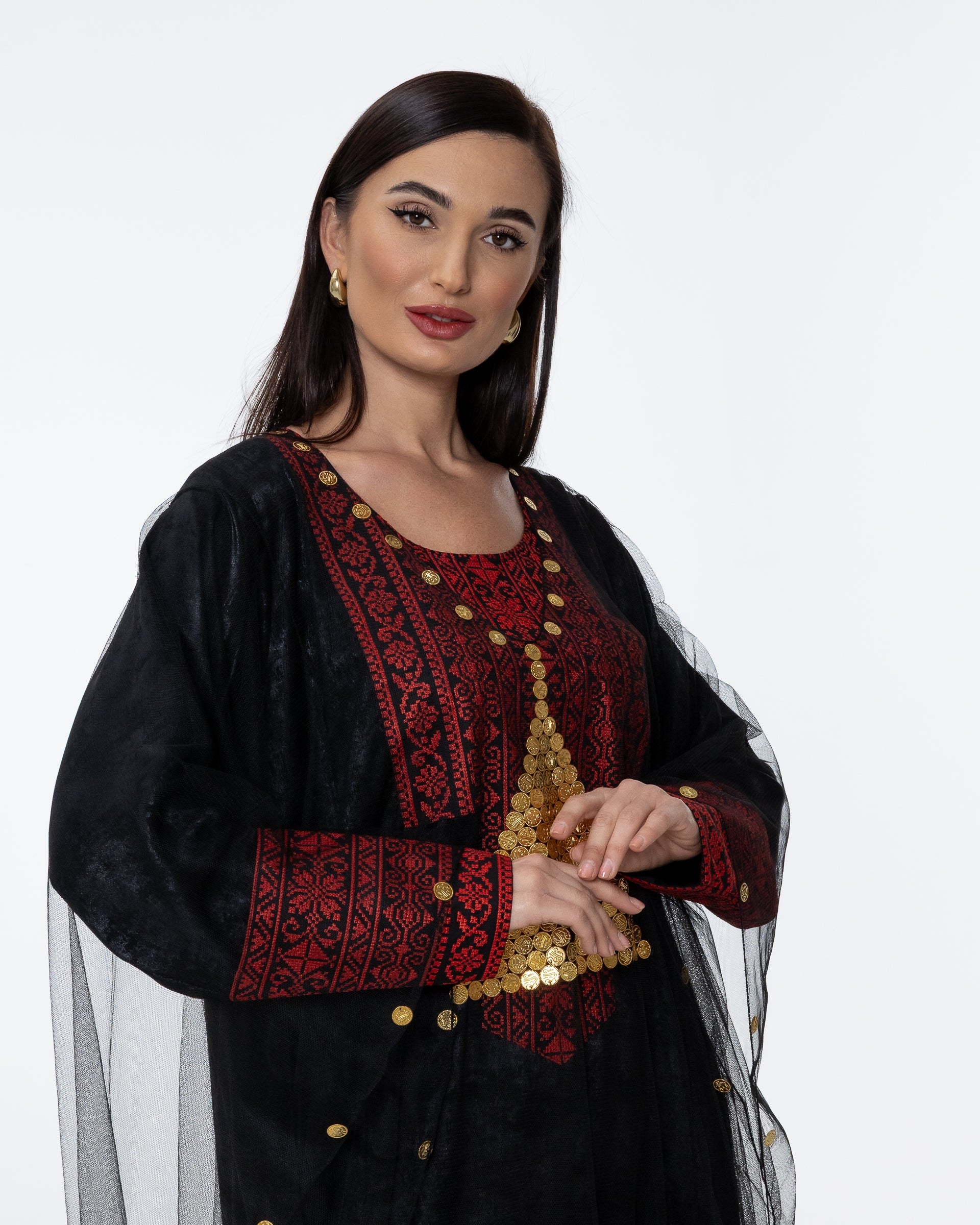 Black Kaftan with Sheer Overlay and Coins Details