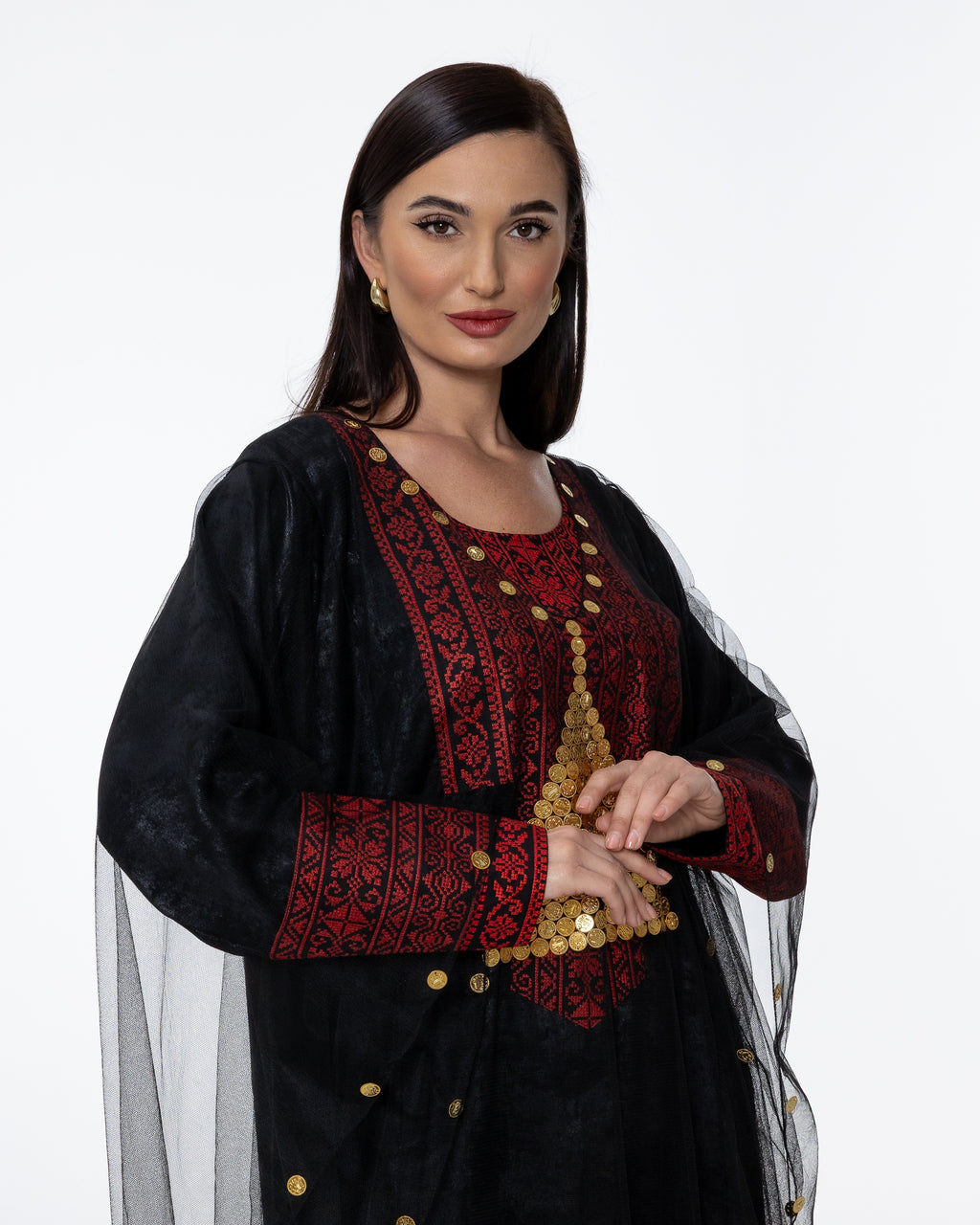 Black Kaftan with Sheer Overlay and Coins Details