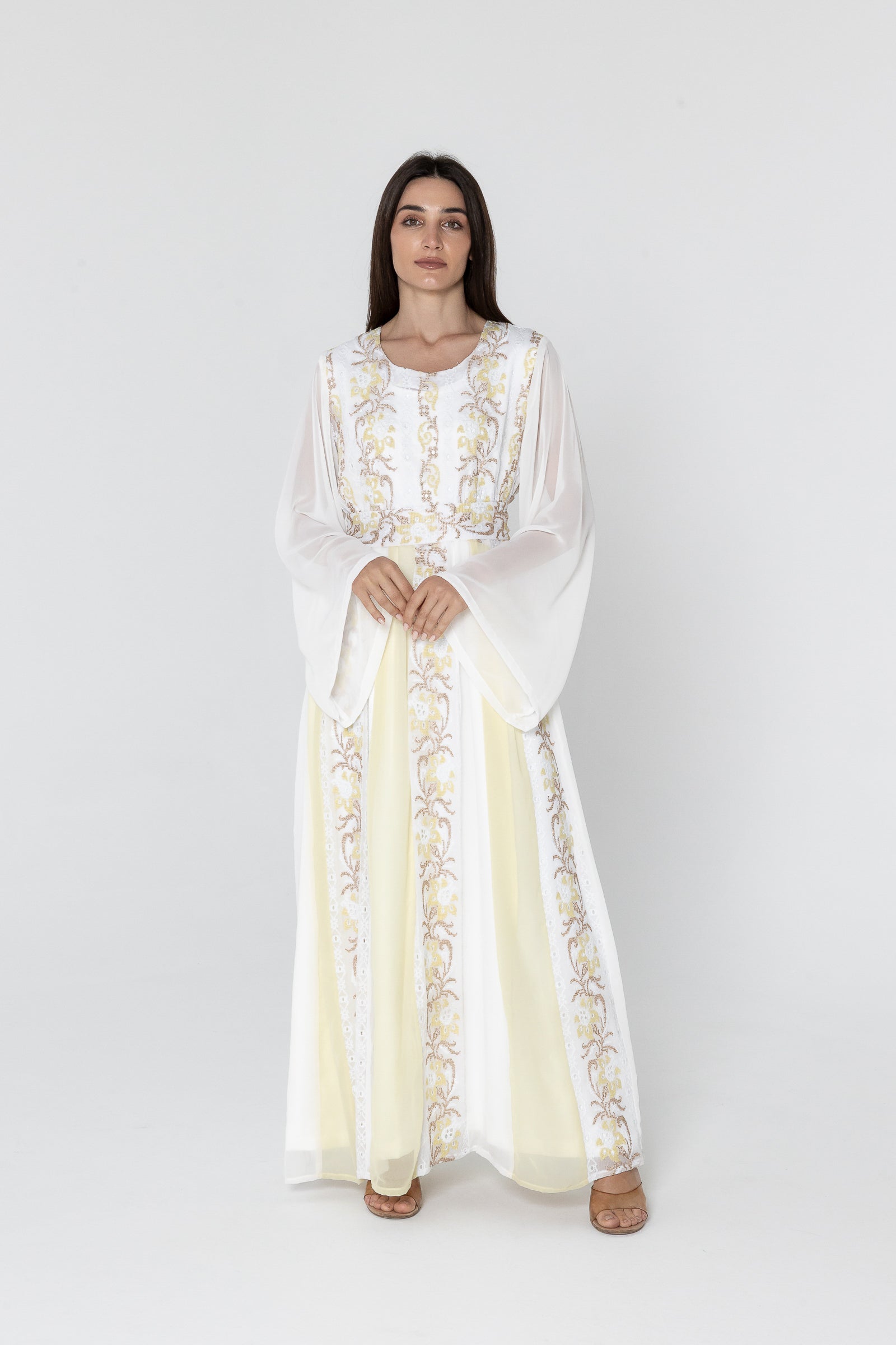 White Embroidered Dress with Sheer Sleeves