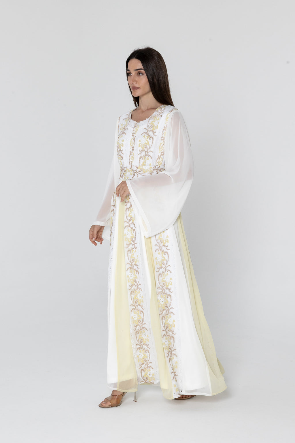 White Embroidered Dress with Sheer Sleeves