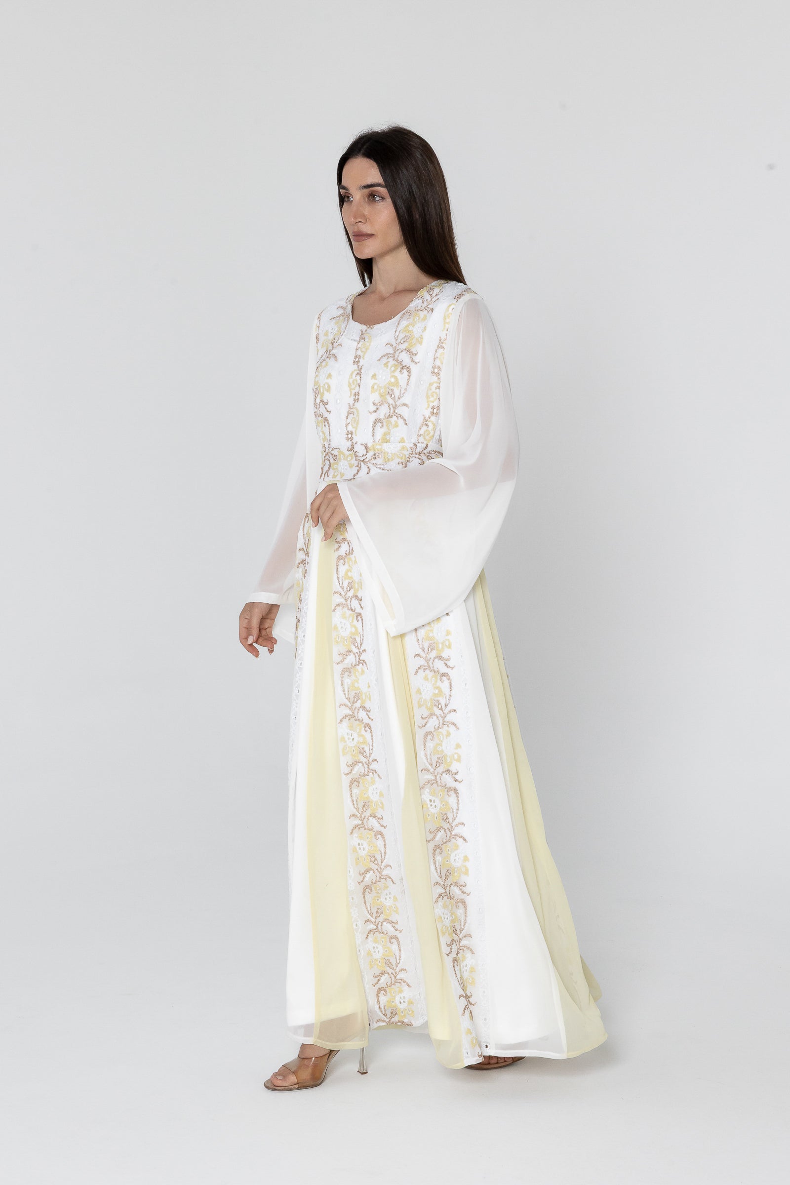 White Embroidered Dress with Sheer Sleeves