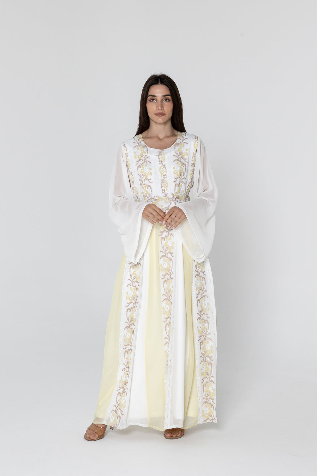 White Embroidered Dress with Sheer Sleeves
