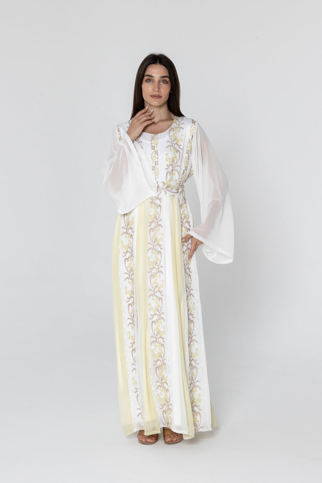 White Embroidered Dress with Sheer Sleeves