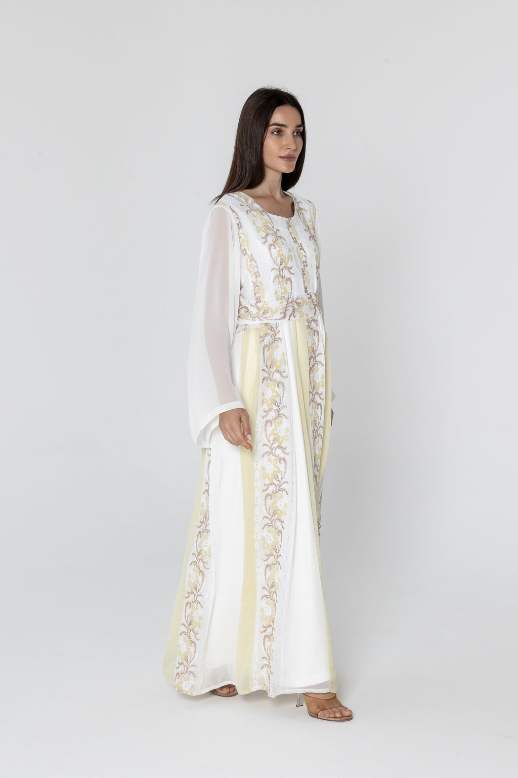 White Embroidered Dress with Sheer Sleeves