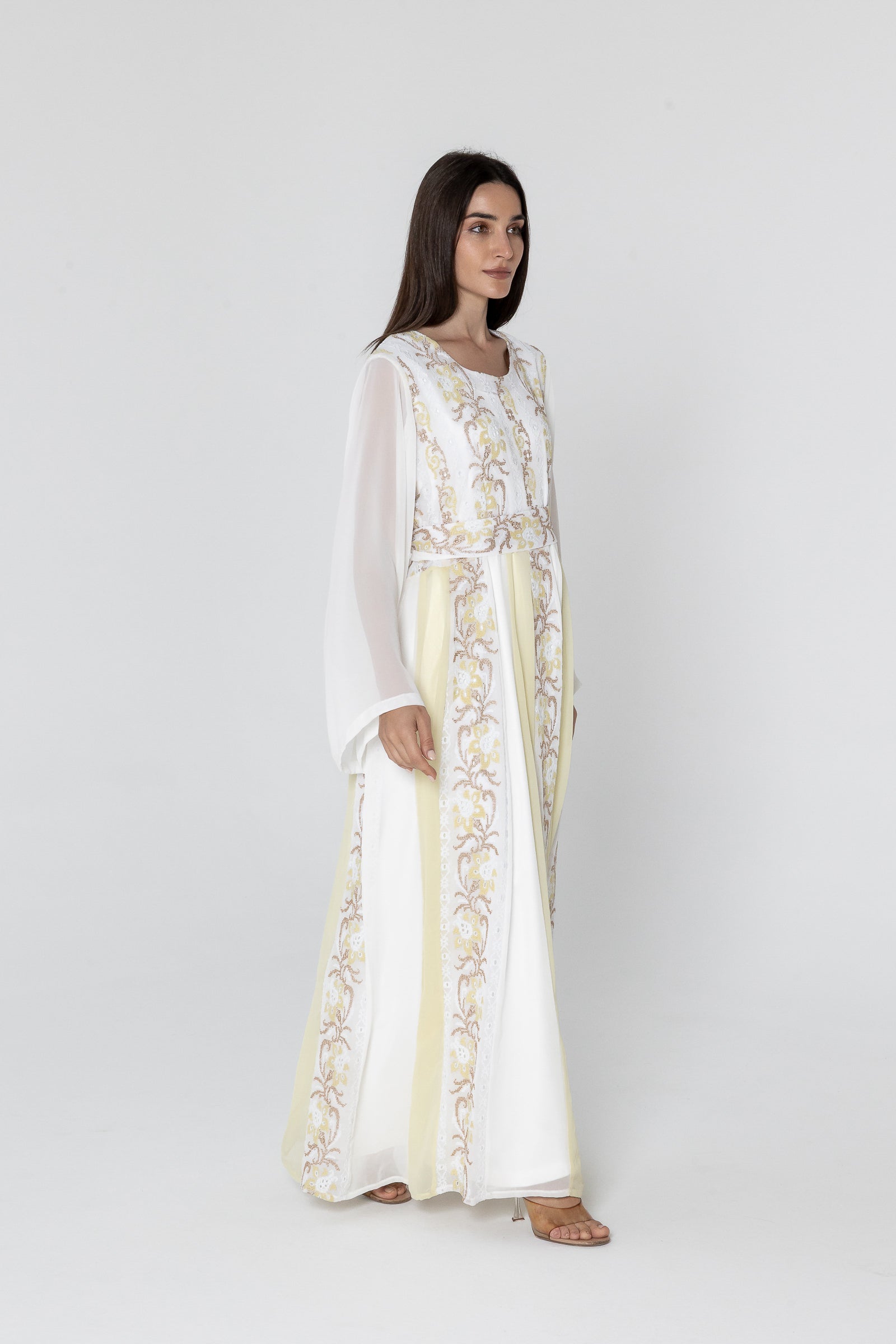White Embroidered Dress with Sheer Sleeves