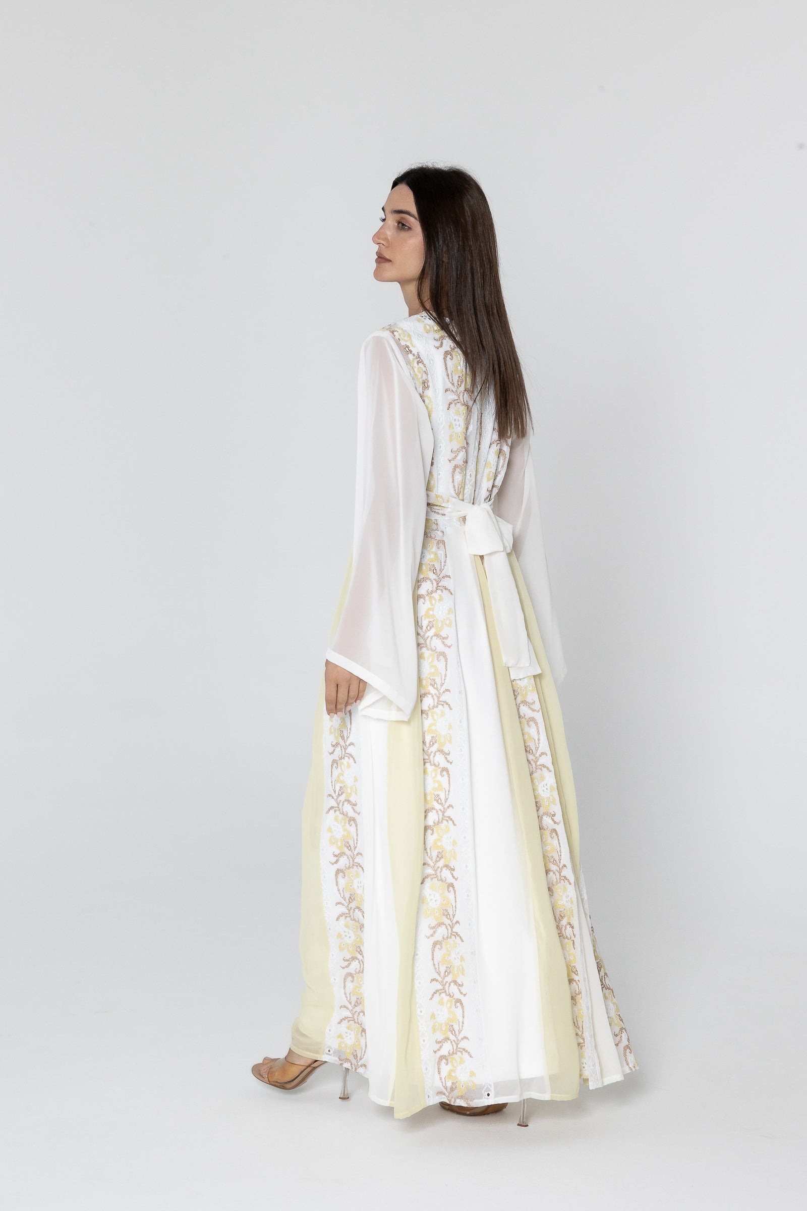 White Embroidered Dress with Sheer Sleeves