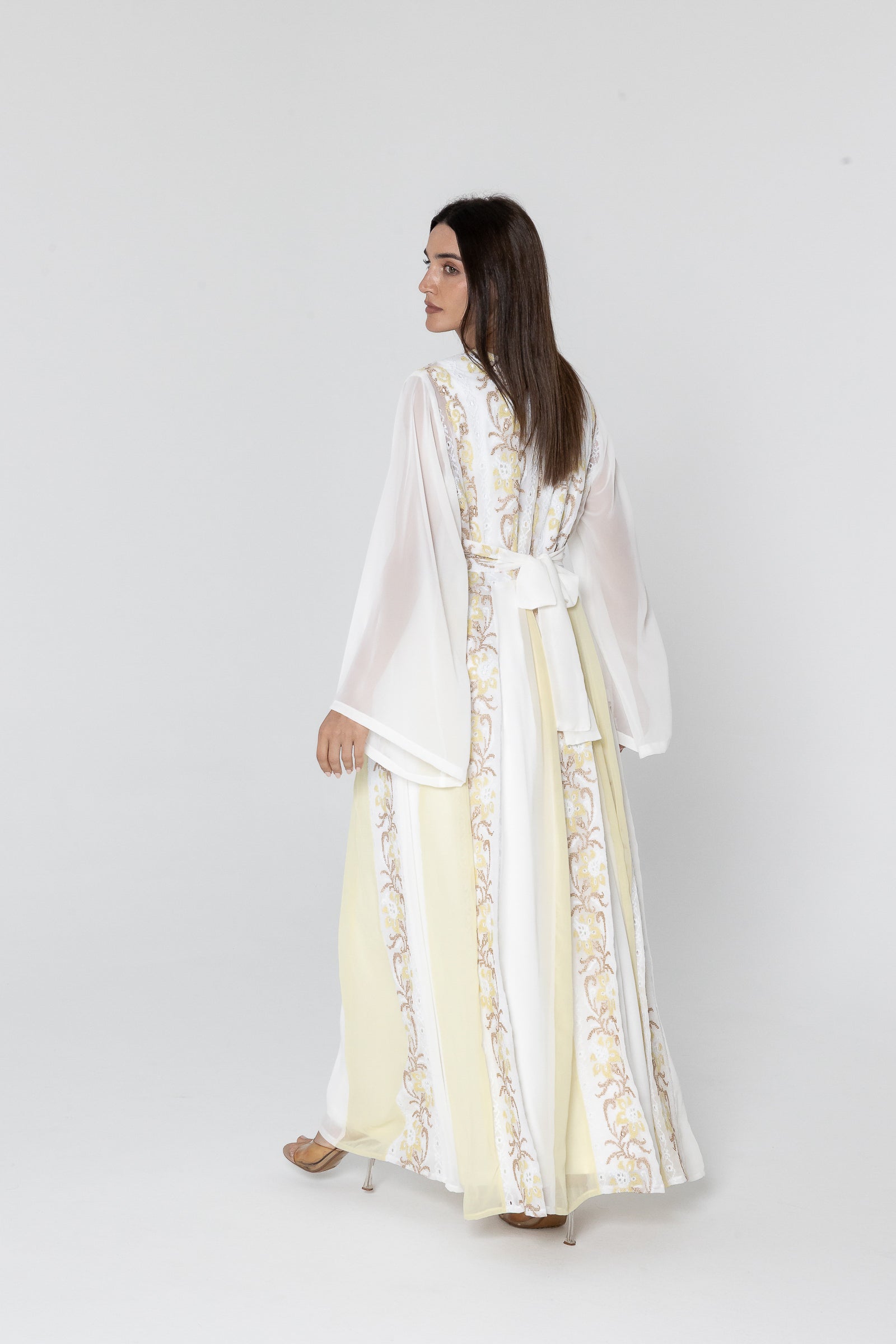 White Embroidered Dress with Sheer Sleeves