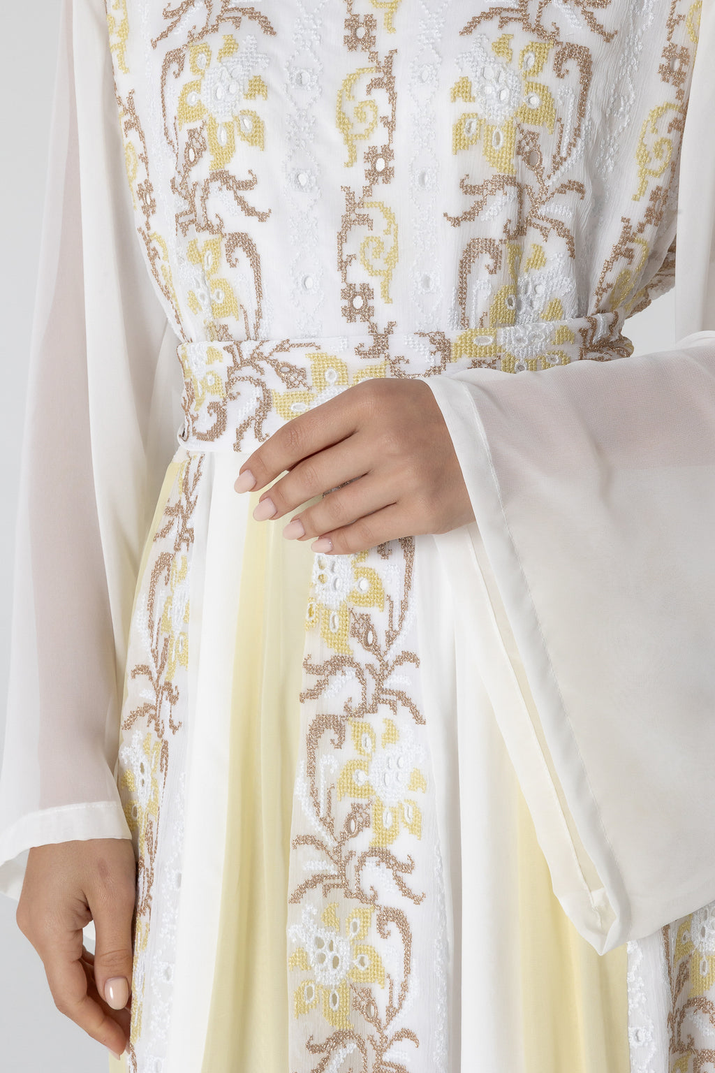 White Embroidered Dress with Sheer Sleeves