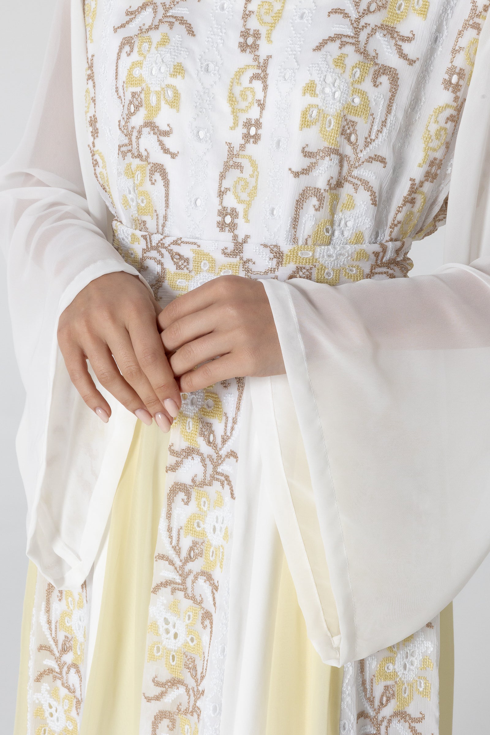 White Embroidered Dress with Sheer Sleeves