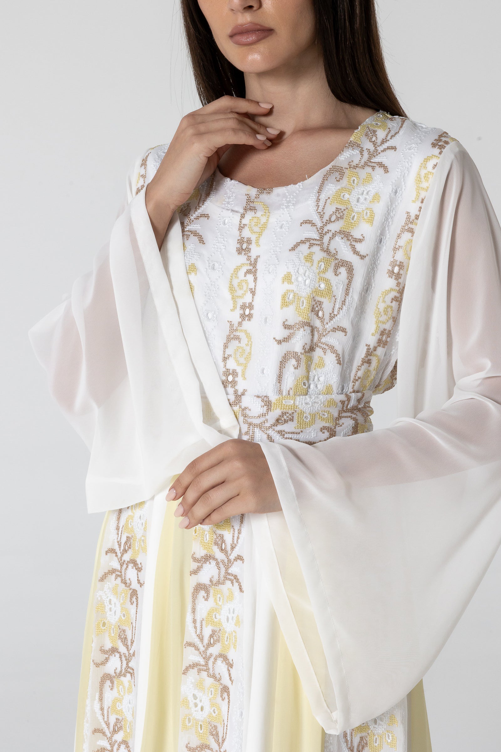 White Embroidered Dress with Sheer Sleeves