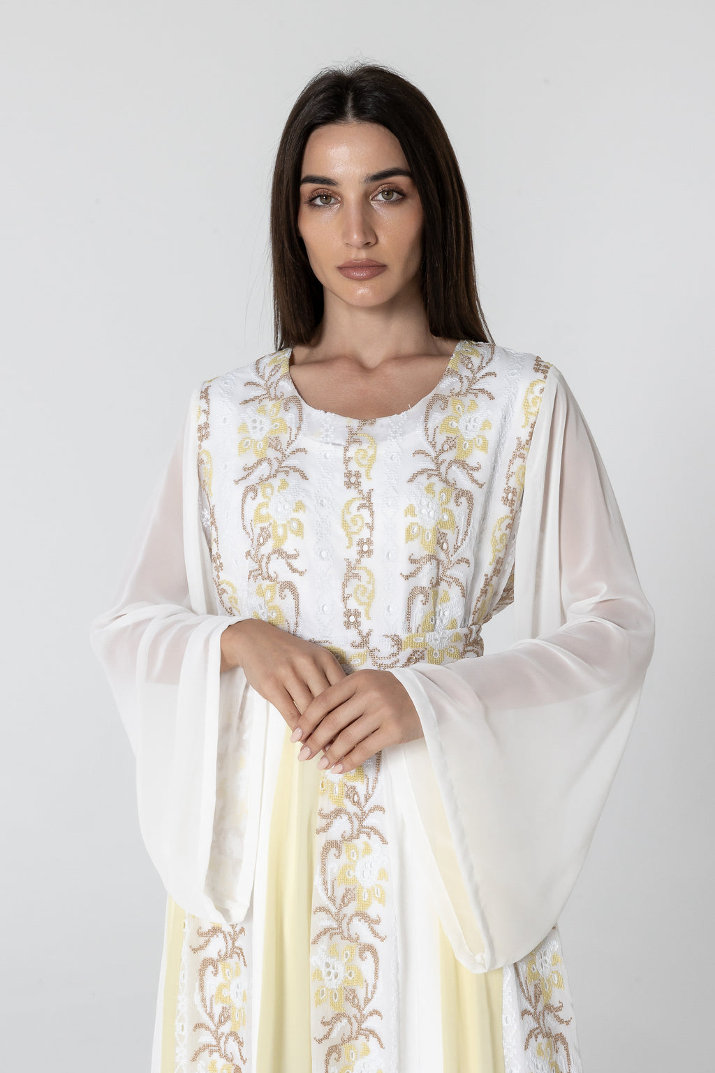 White Embroidered Dress with Sheer Sleeves