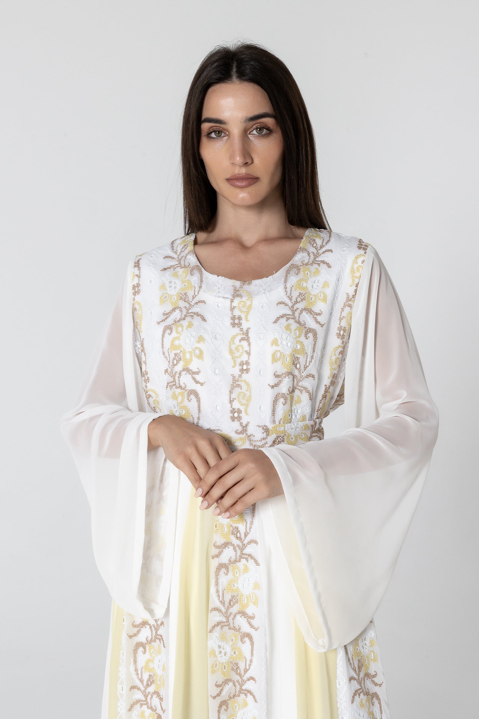 White Embroidered Dress with Sheer Sleeves