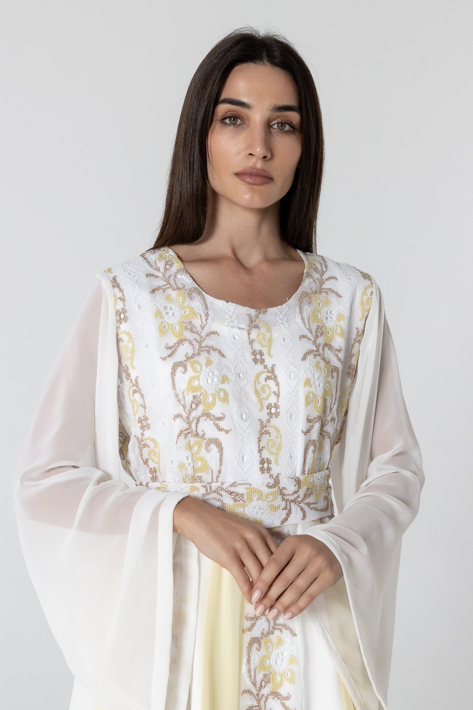 White Embroidered Dress with Sheer Sleeves