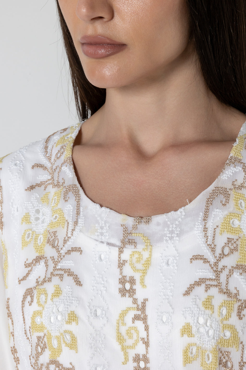 White Embroidered Dress with Sheer Sleeves