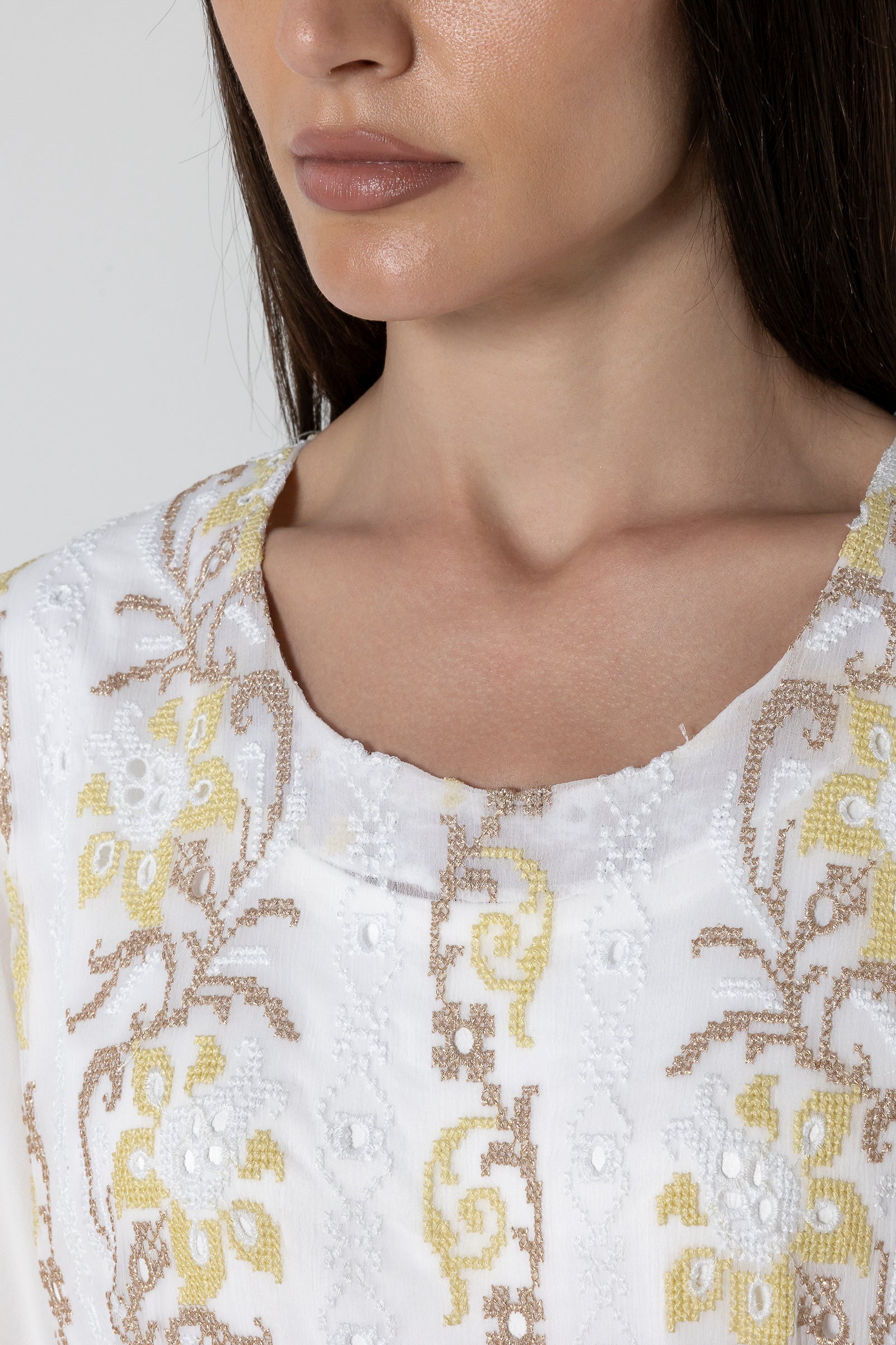 White Embroidered Dress with Sheer Sleeves