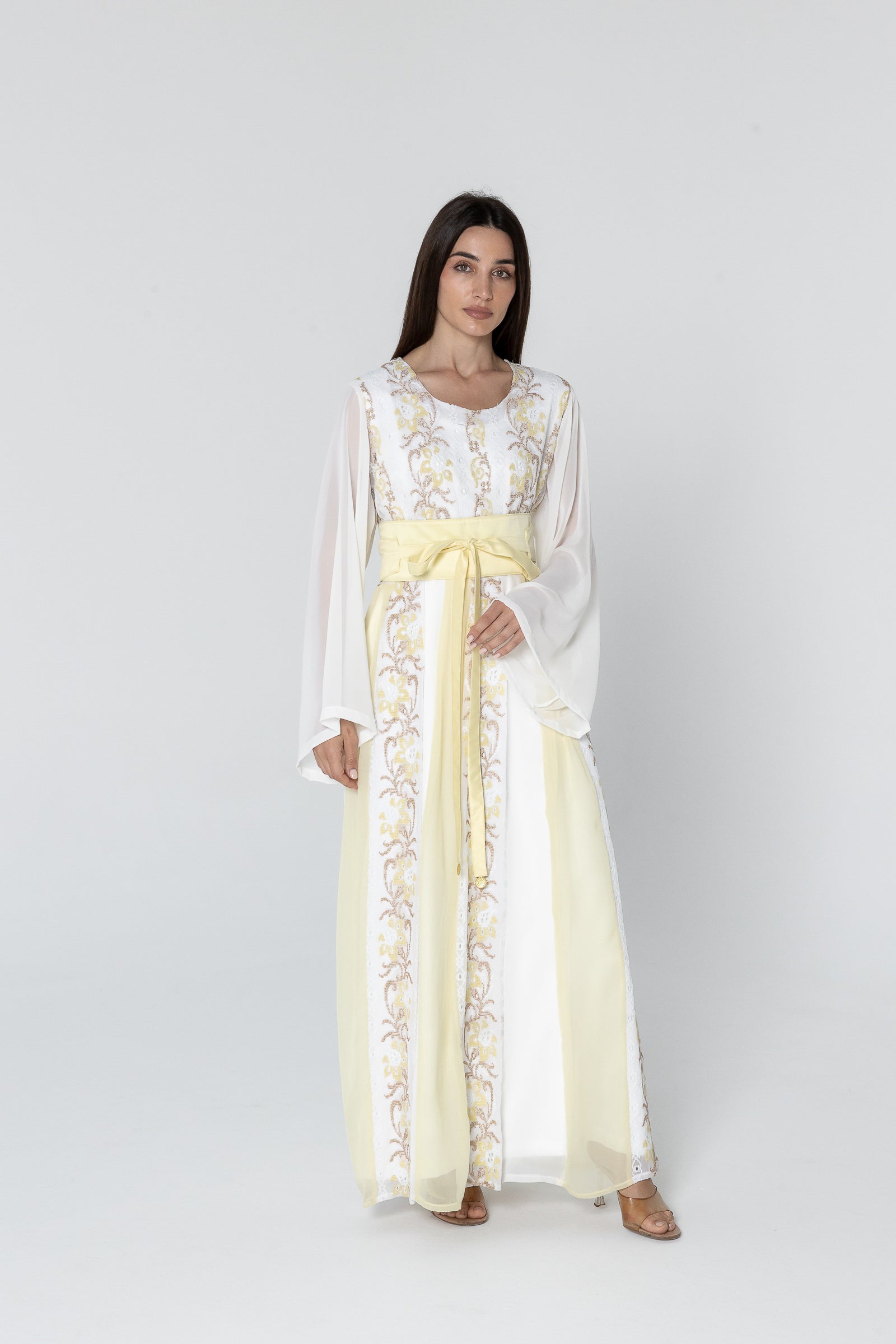 White Embroidered Dress with Sheer Sleeves