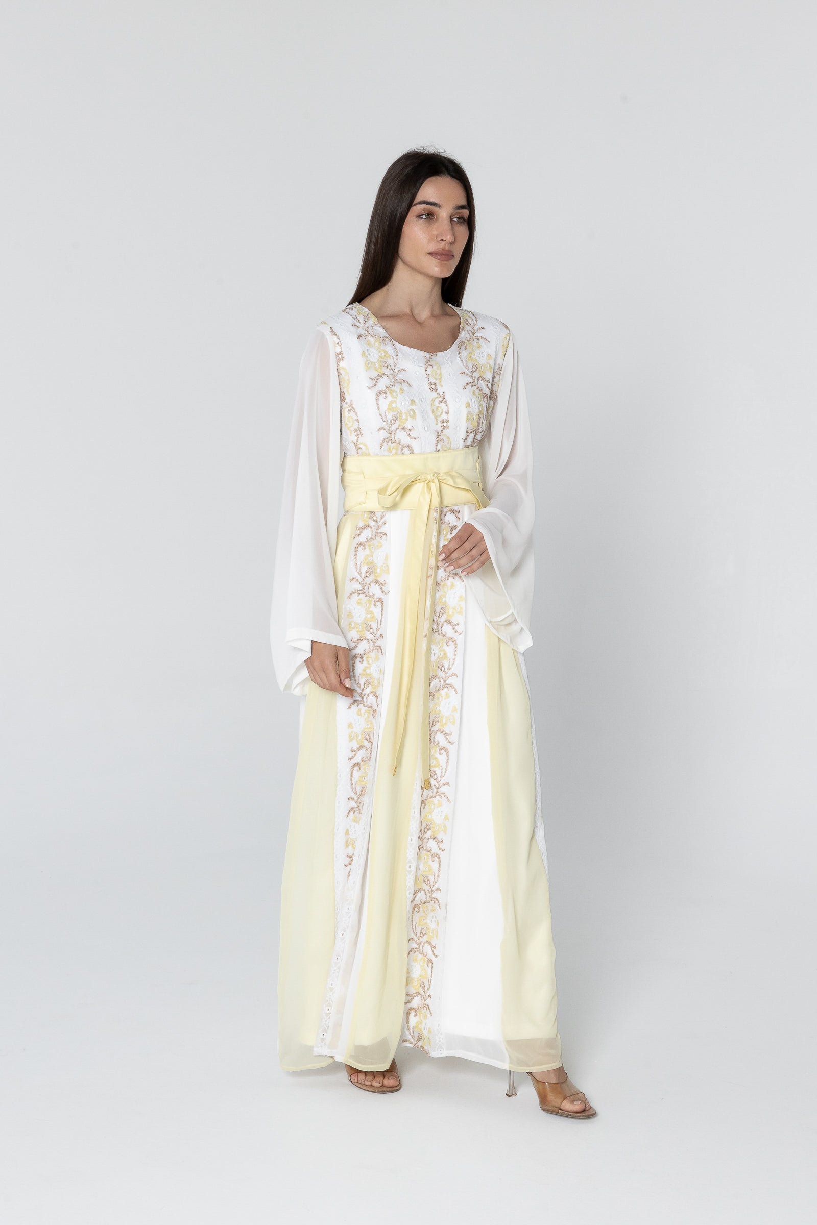 White Embroidered Dress with Sheer Sleeves