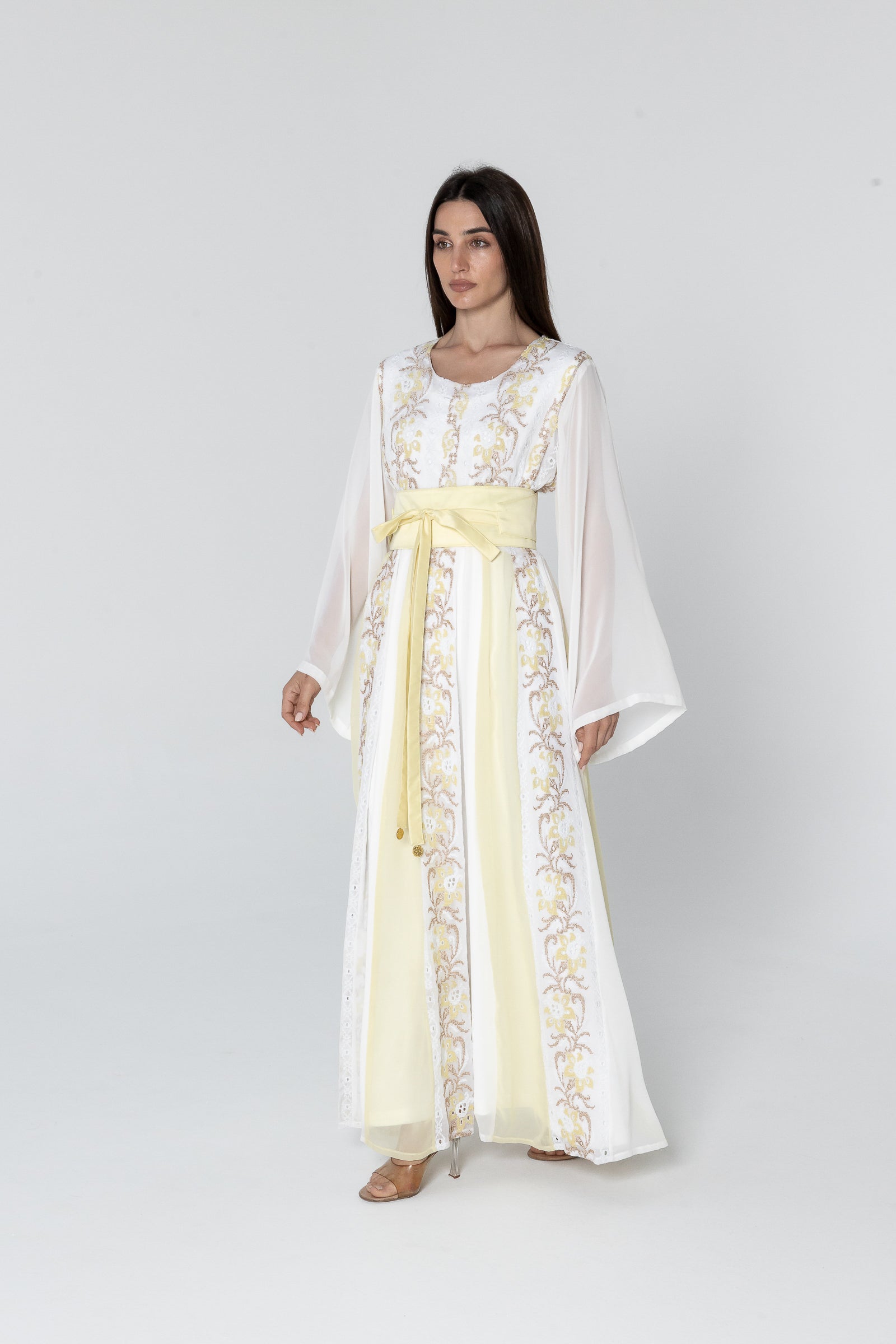 White Embroidered Dress with Sheer Sleeves