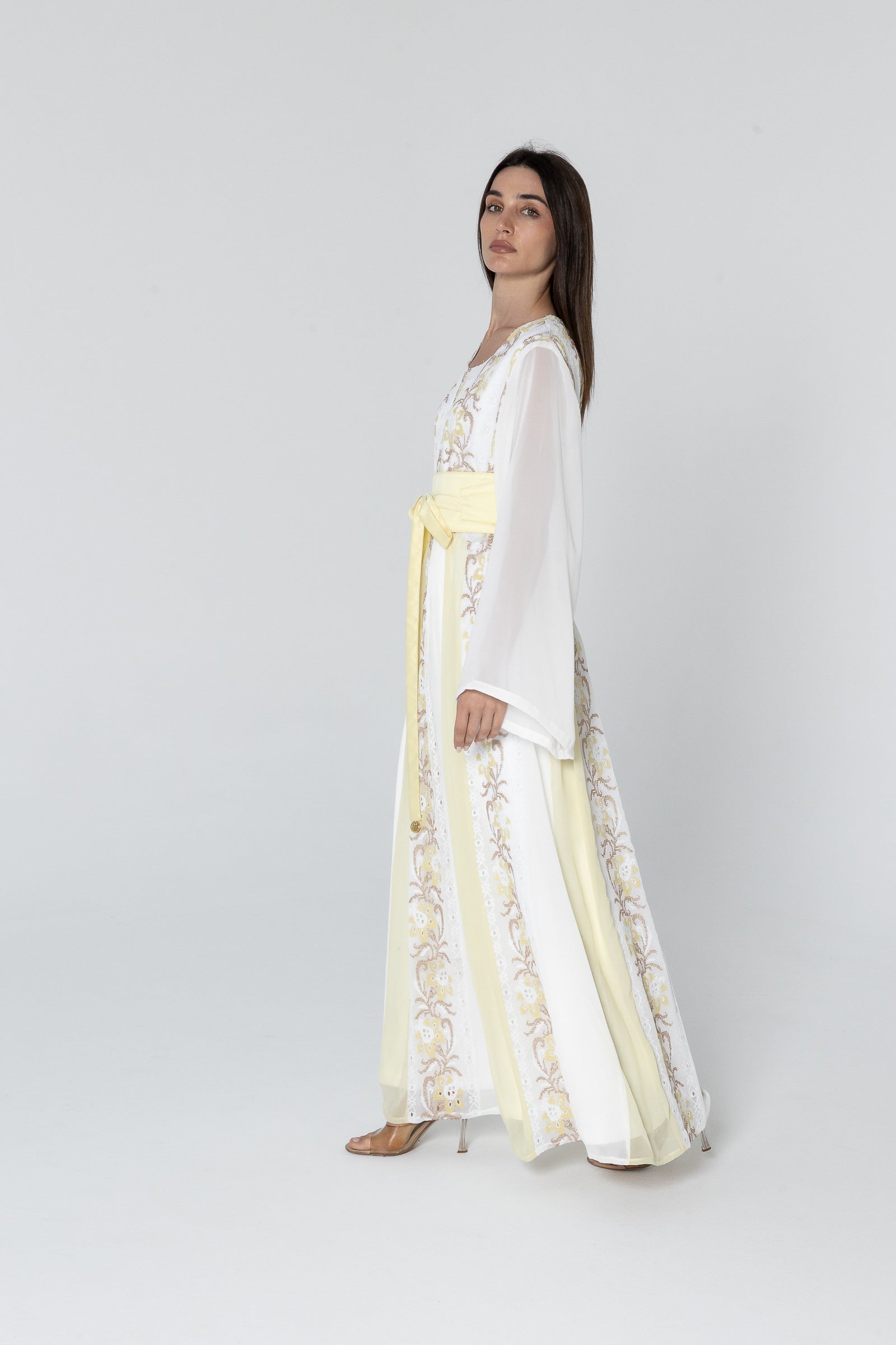 White Embroidered Dress with Sheer Sleeves