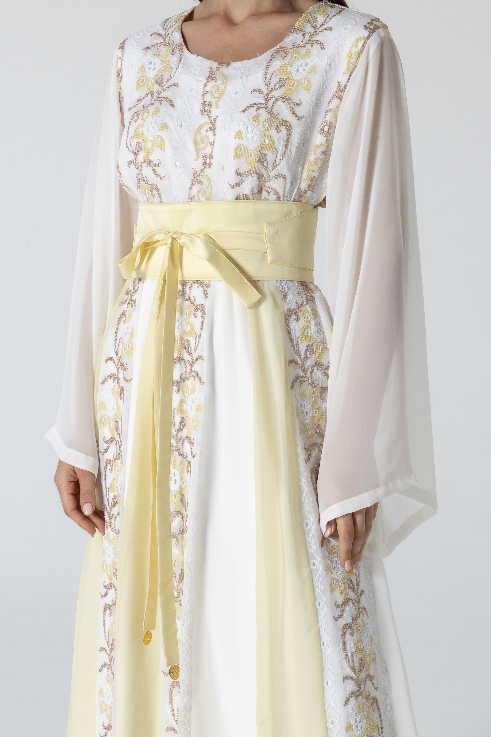 White Embroidered Dress with Sheer Sleeves
