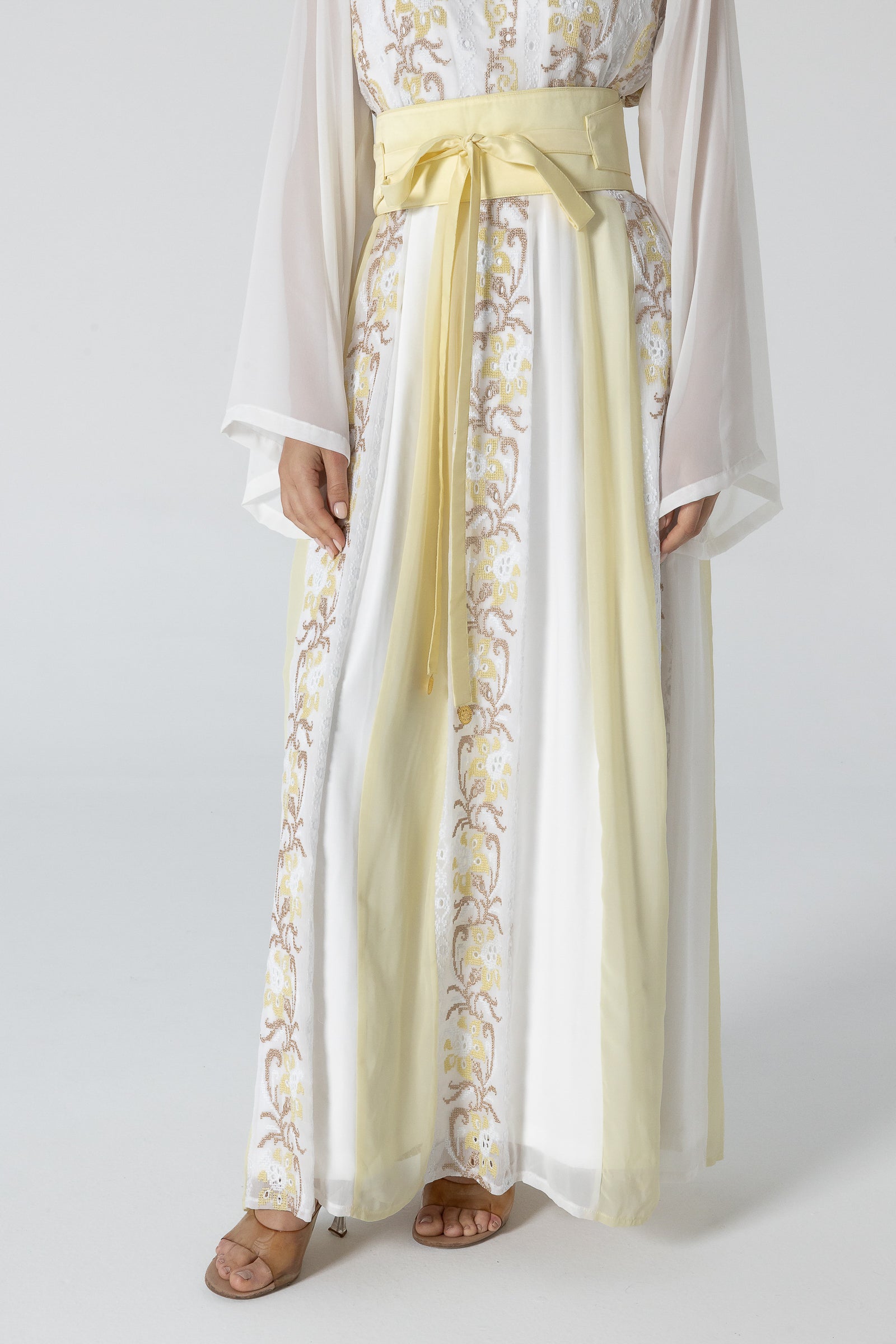 White Embroidered Dress with Sheer Sleeves