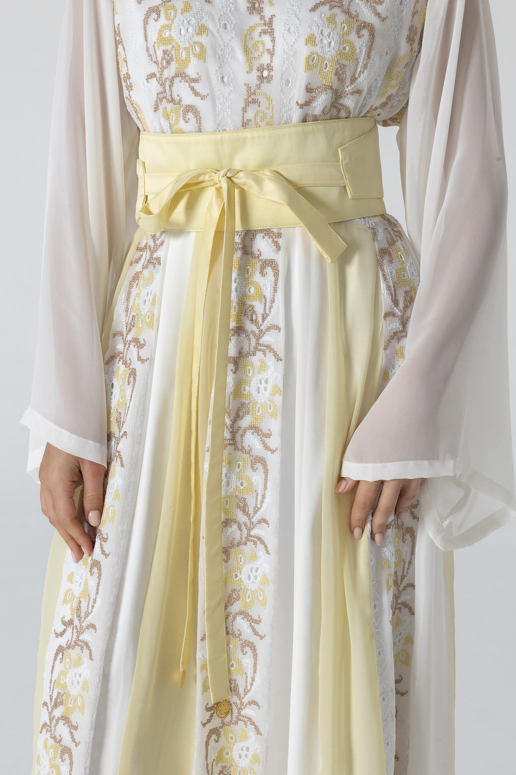 White Embroidered Dress with Sheer Sleeves