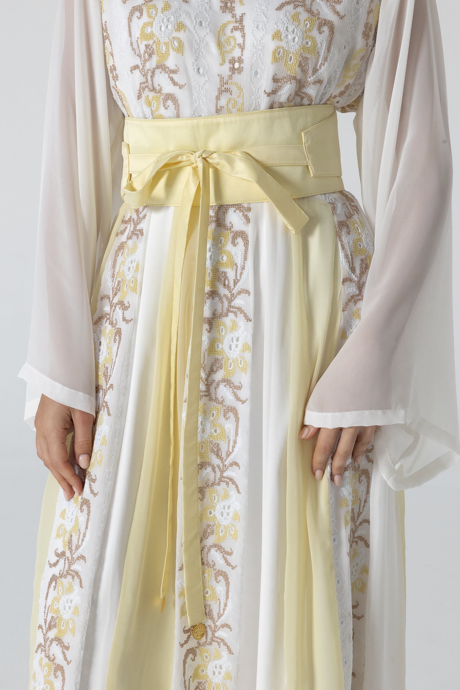 White Embroidered Dress with Sheer Sleeves