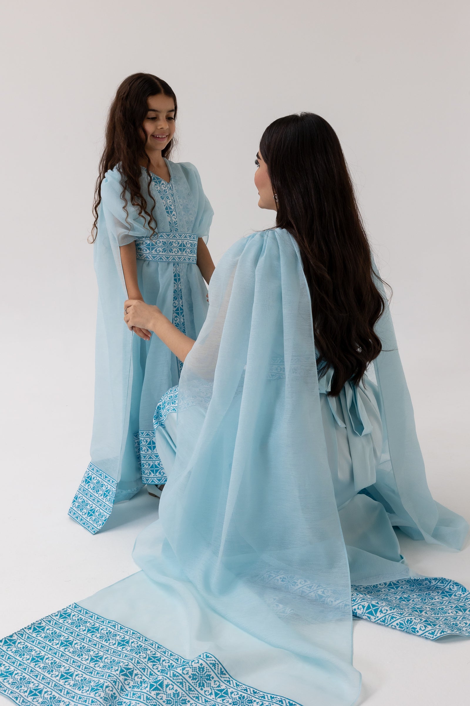 Kids Blue Embroidered Cape Kaftan