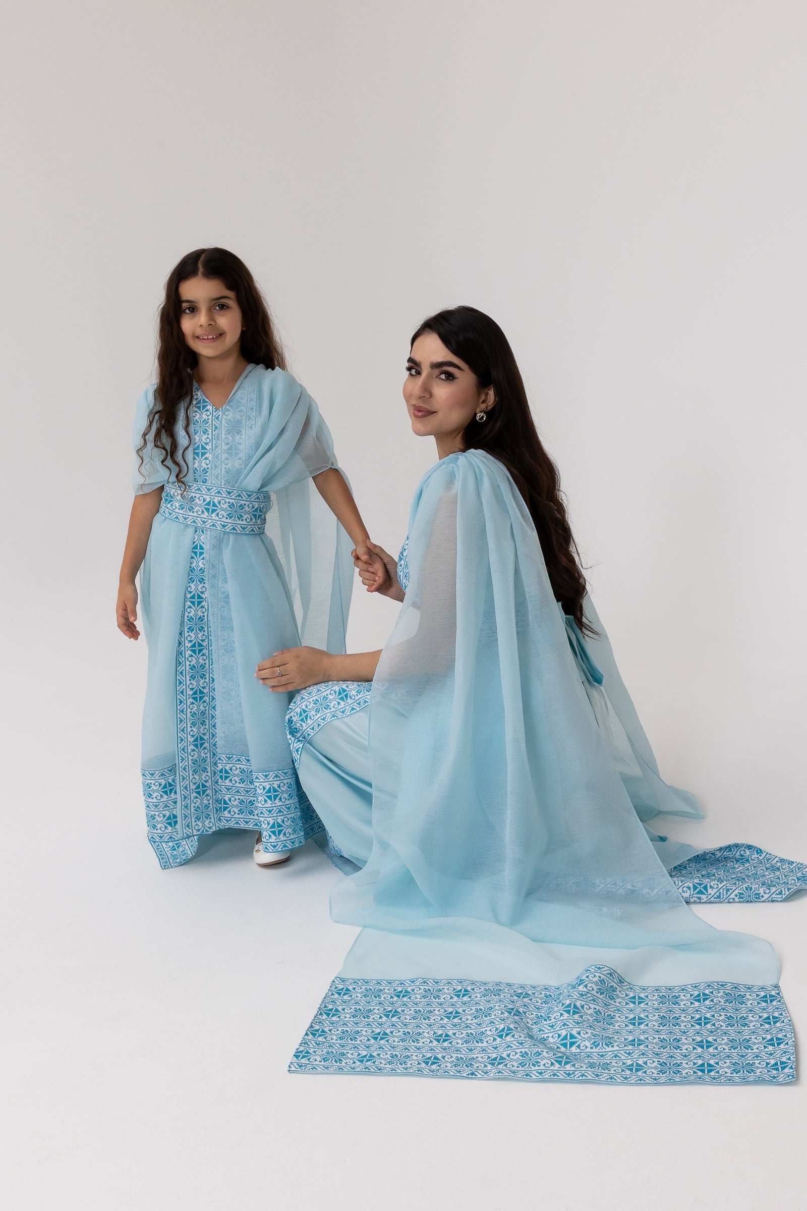 Kids Blue Embroidered Cape Kaftan