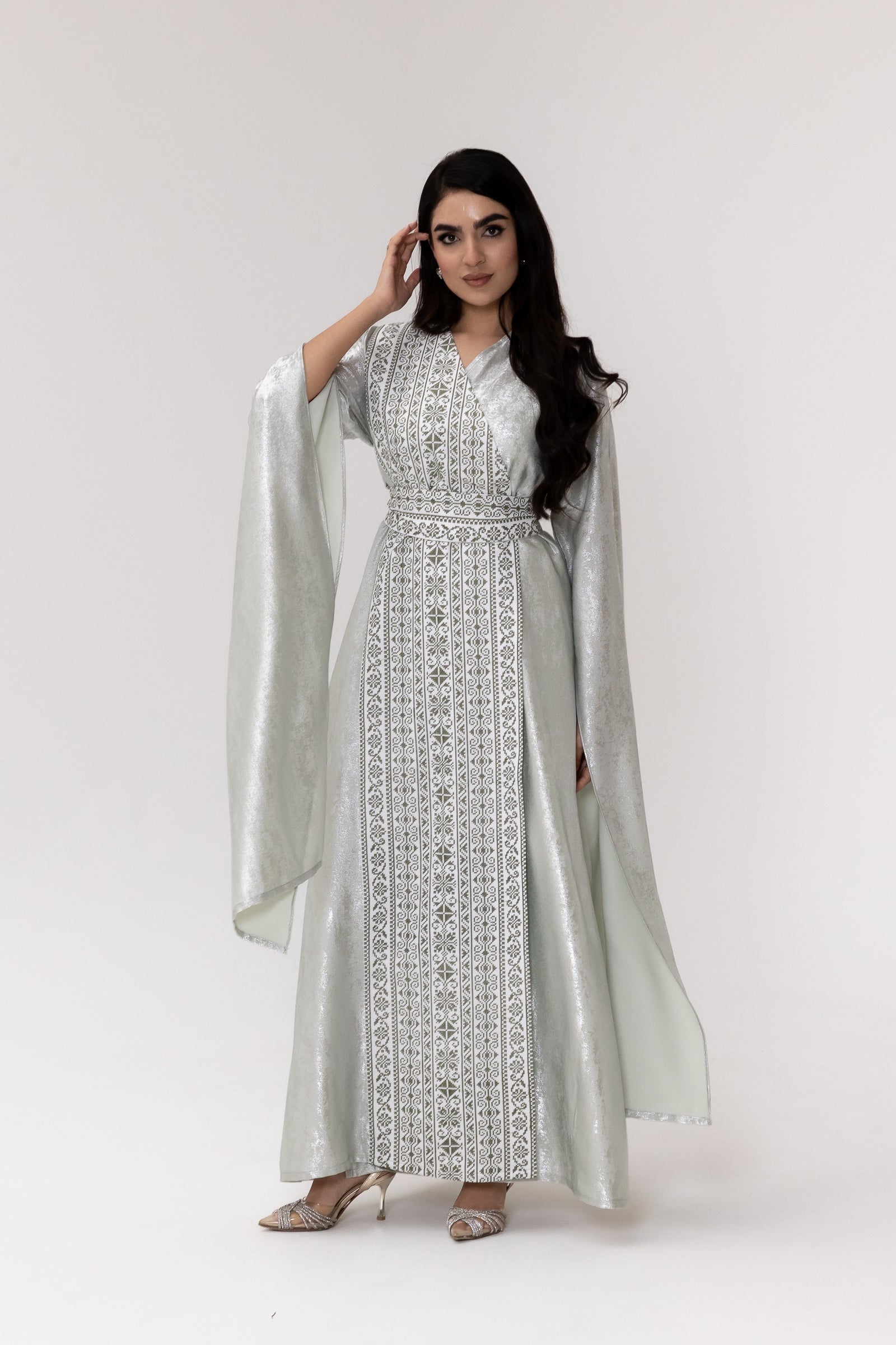 Silver Embroidered Wrap Abaya