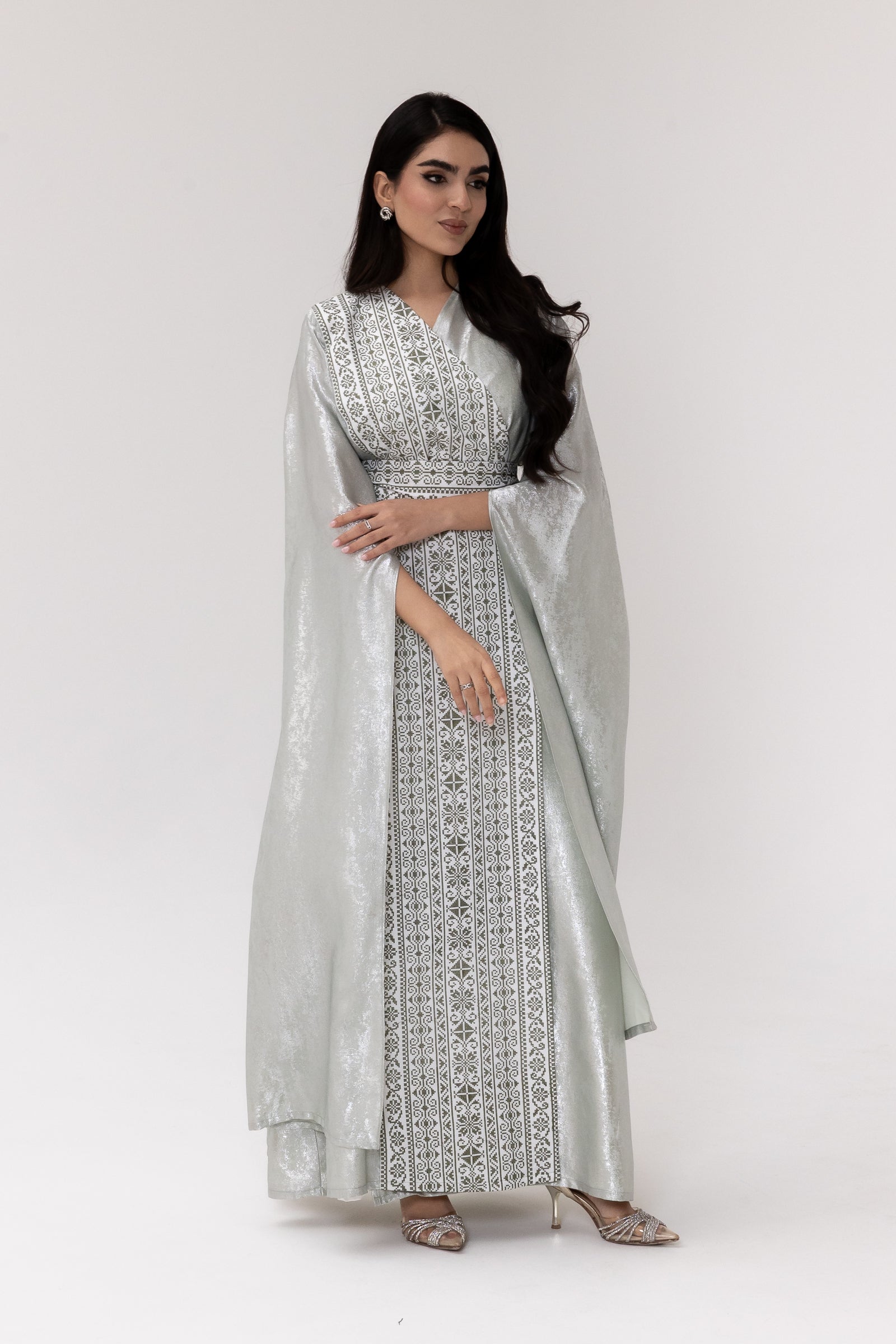 Silver Embroidered Wrap Abaya