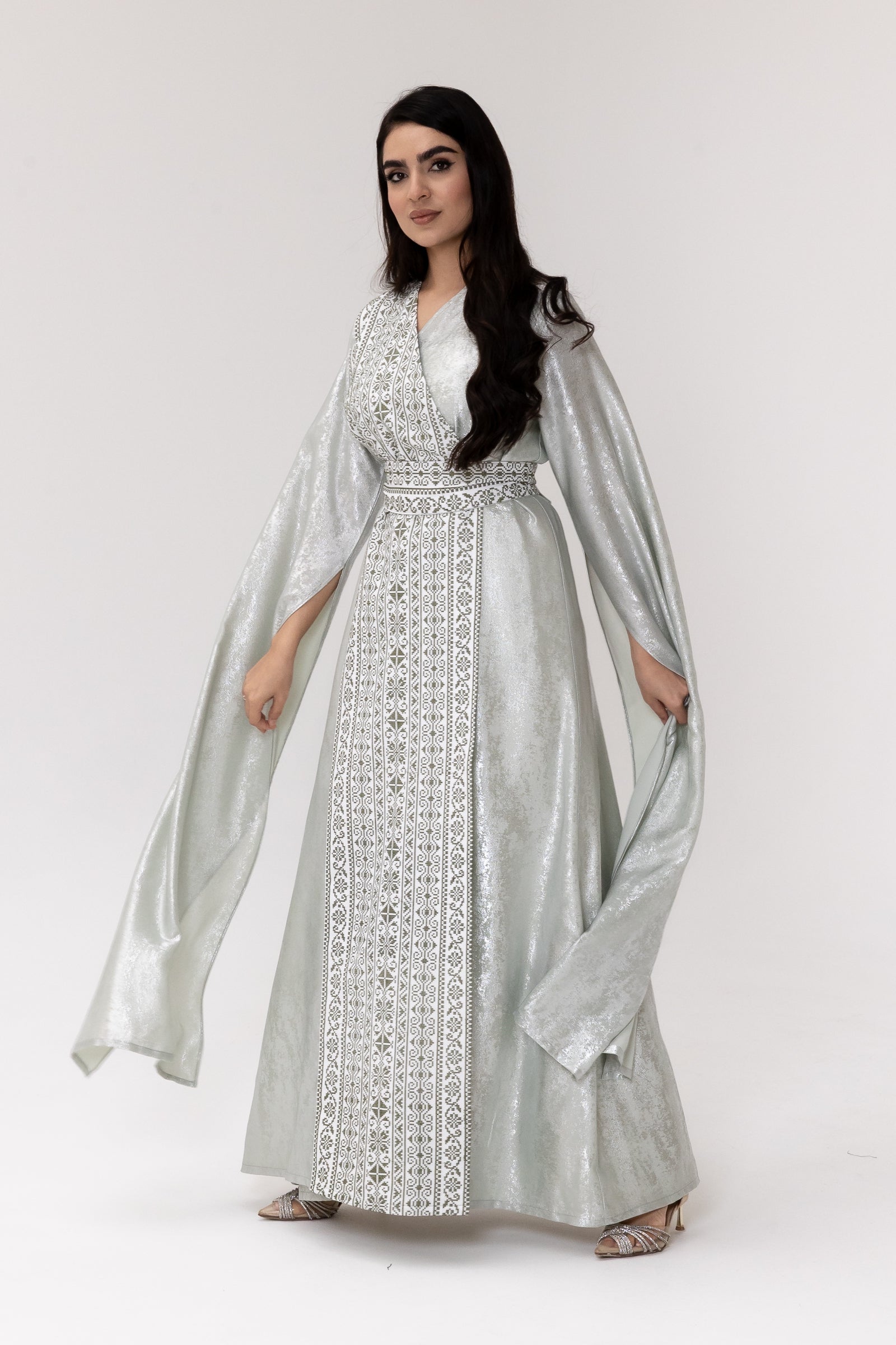 Silver Embroidered Wrap Abaya