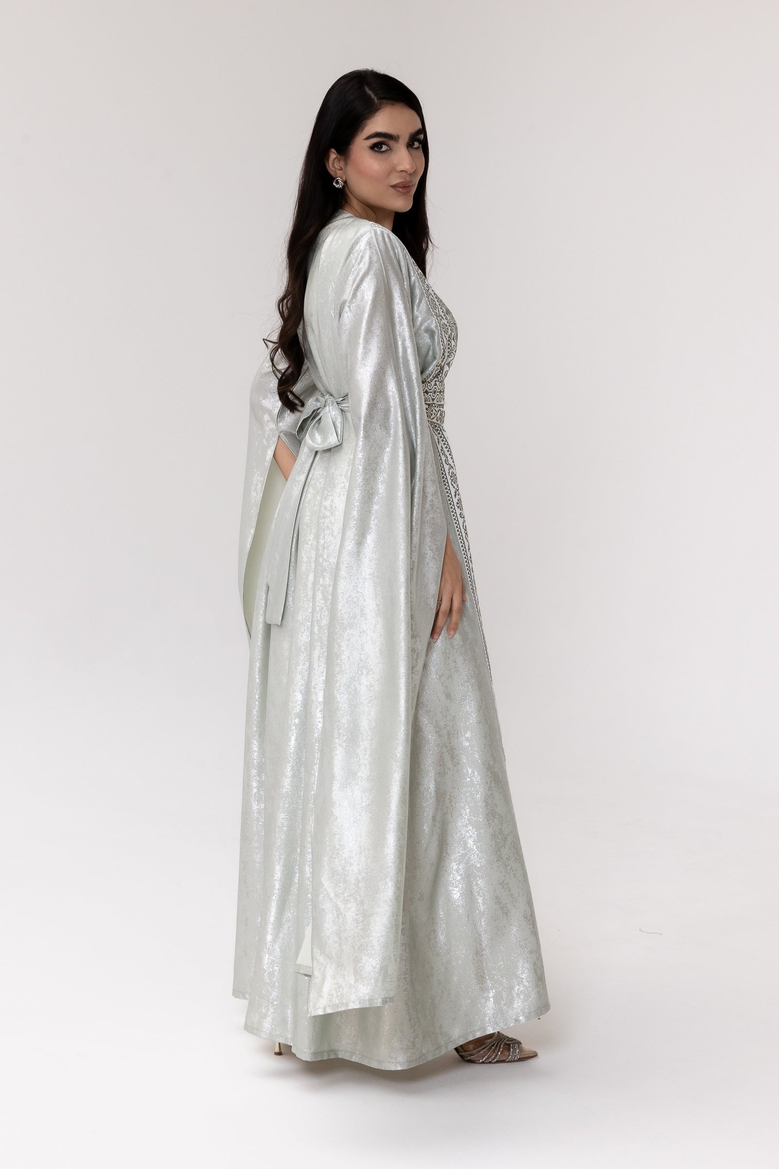 Silver Embroidered Wrap Abaya